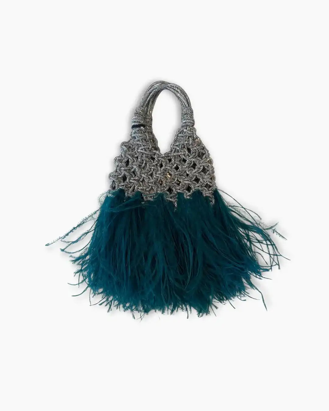 Silver Beaded Mesh Bag with Green Feathers