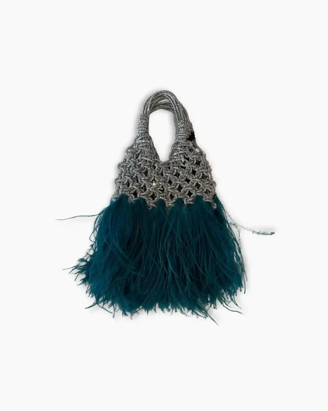 Silver Beaded Mesh Bag with Green Feathers