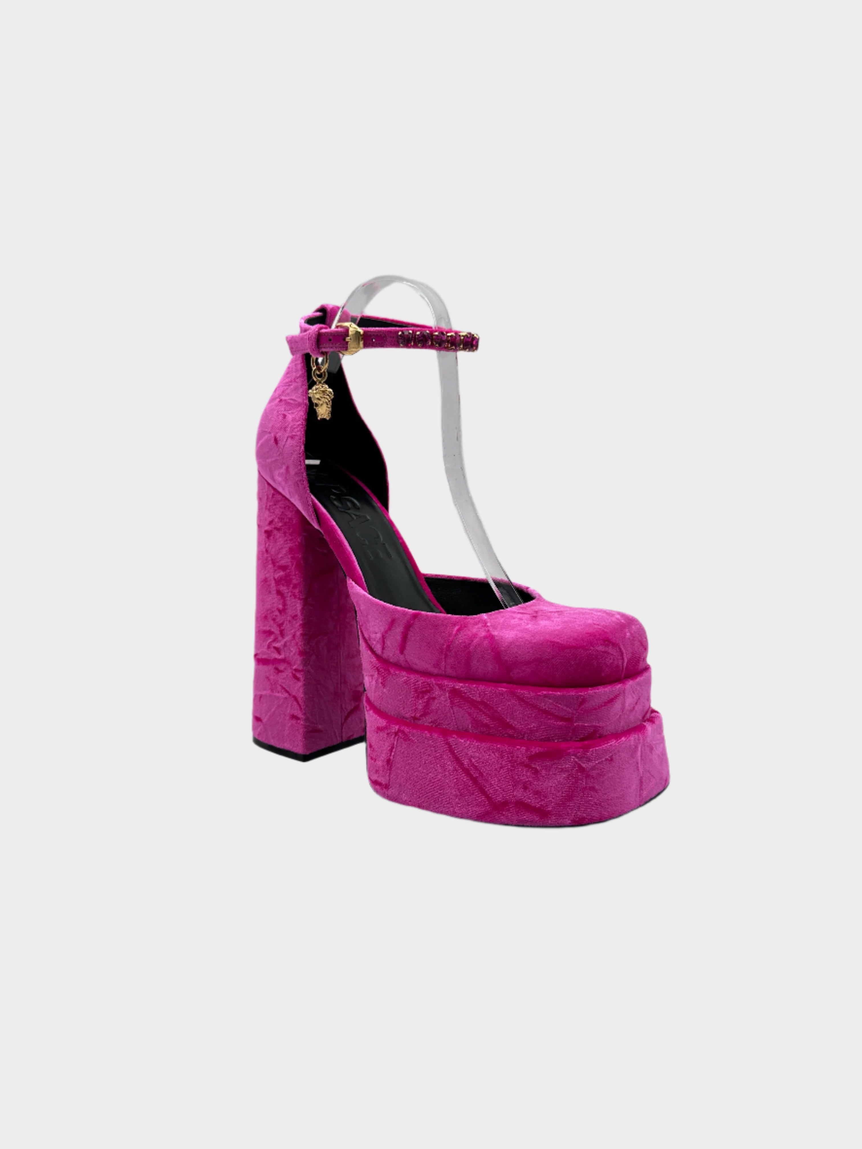 Fuchsia Velvet Pumps With Platform And Jewel Strap