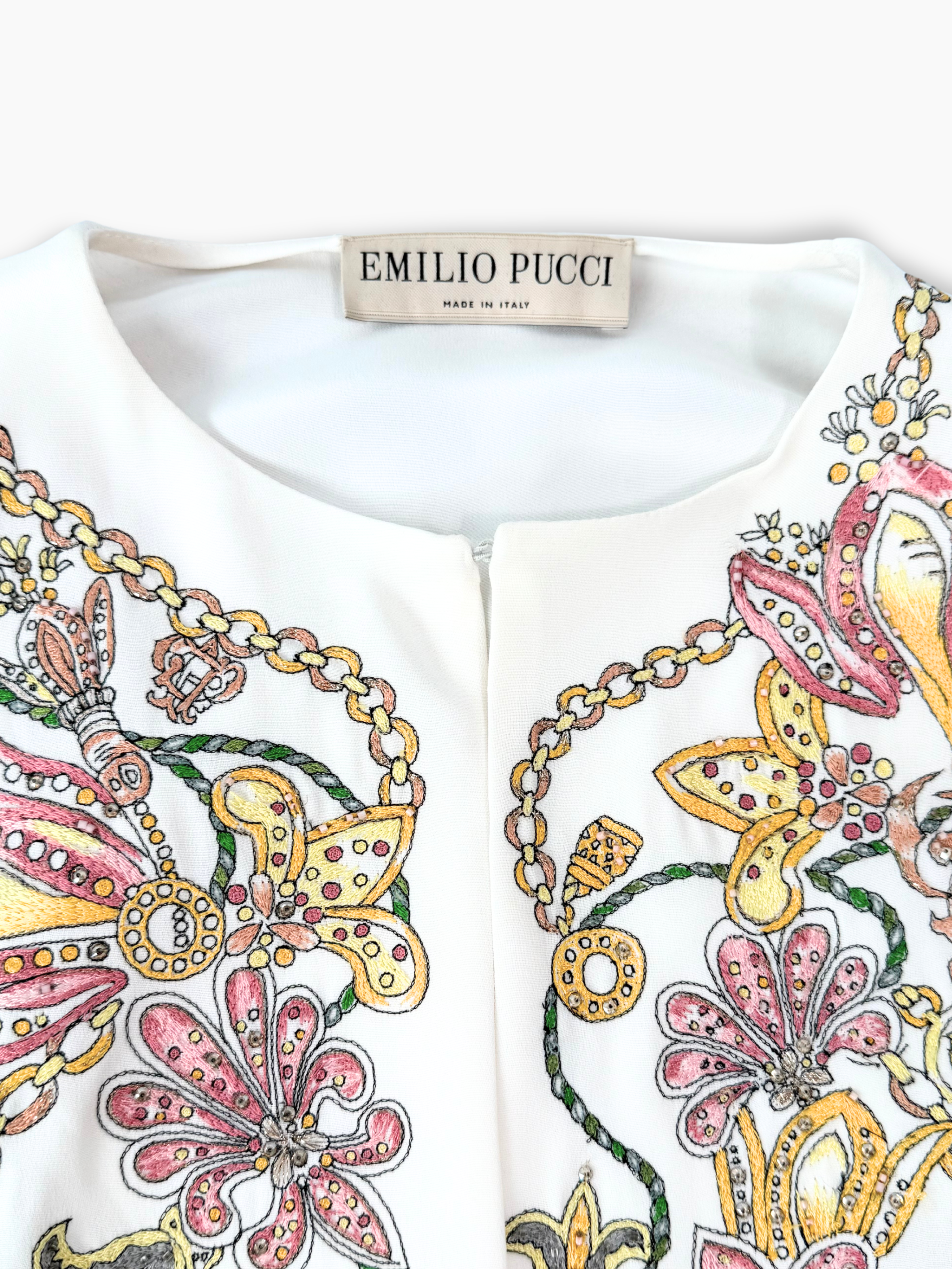Vestito Caftano Bianco Lungo Con Ricami Floreali