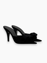 Black Velvet Bow Stud Mules Sandals with Thin Heel -  | dBlank