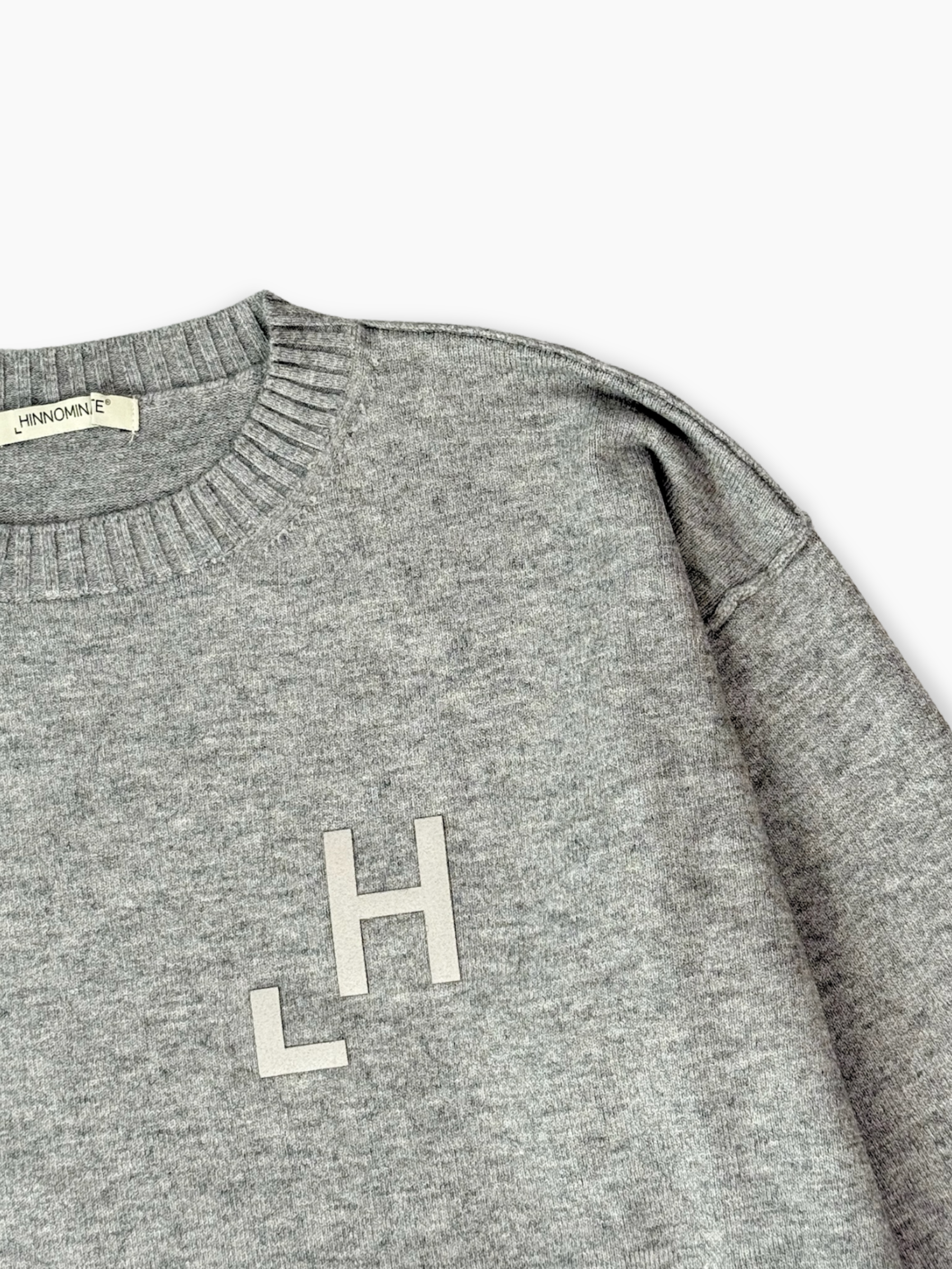 Melange Grey Crew Neck Cropped Sweater With Flock Print