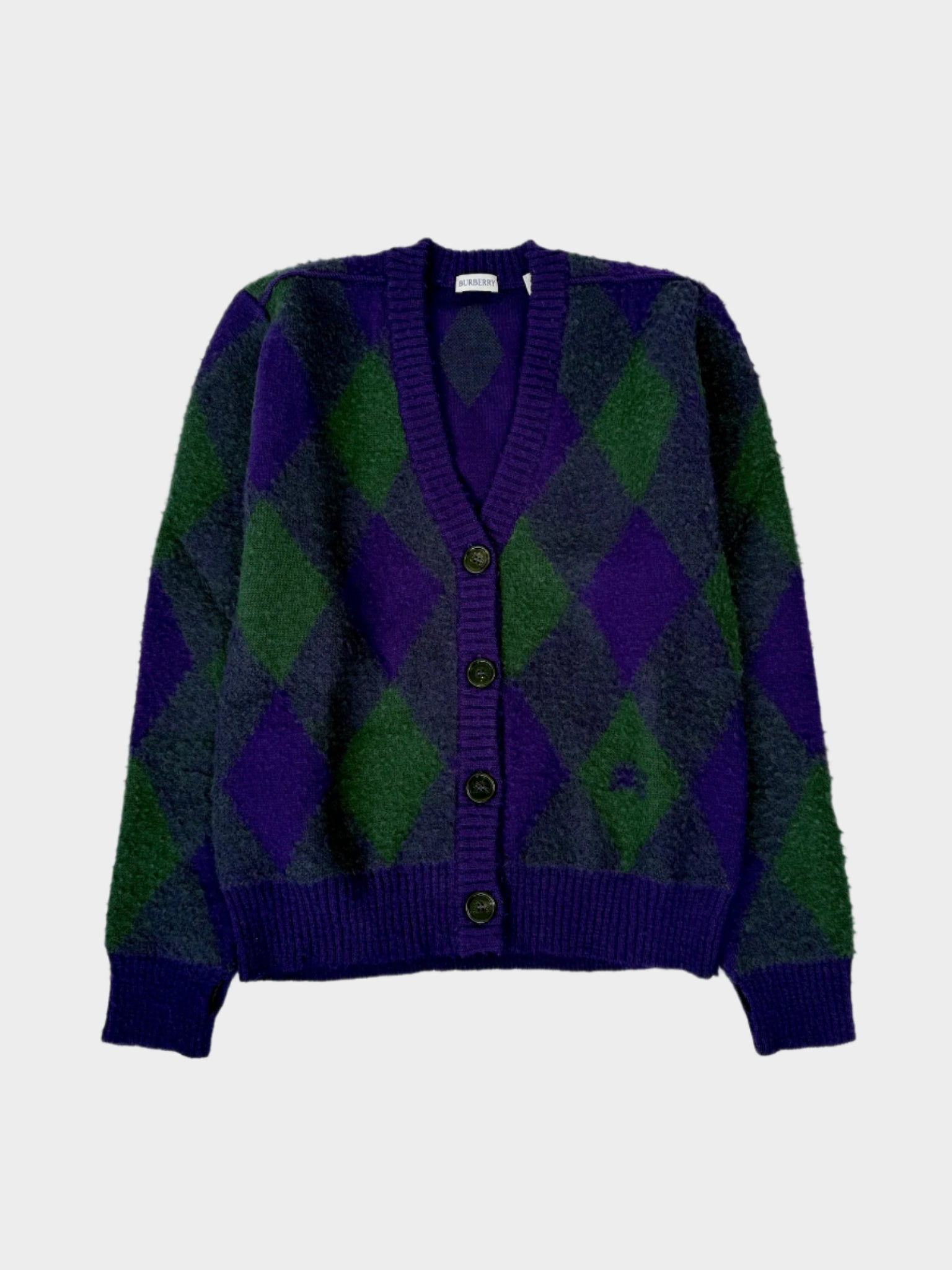 Cardigan A Rombi In Lana Verde, Viola E Grigio