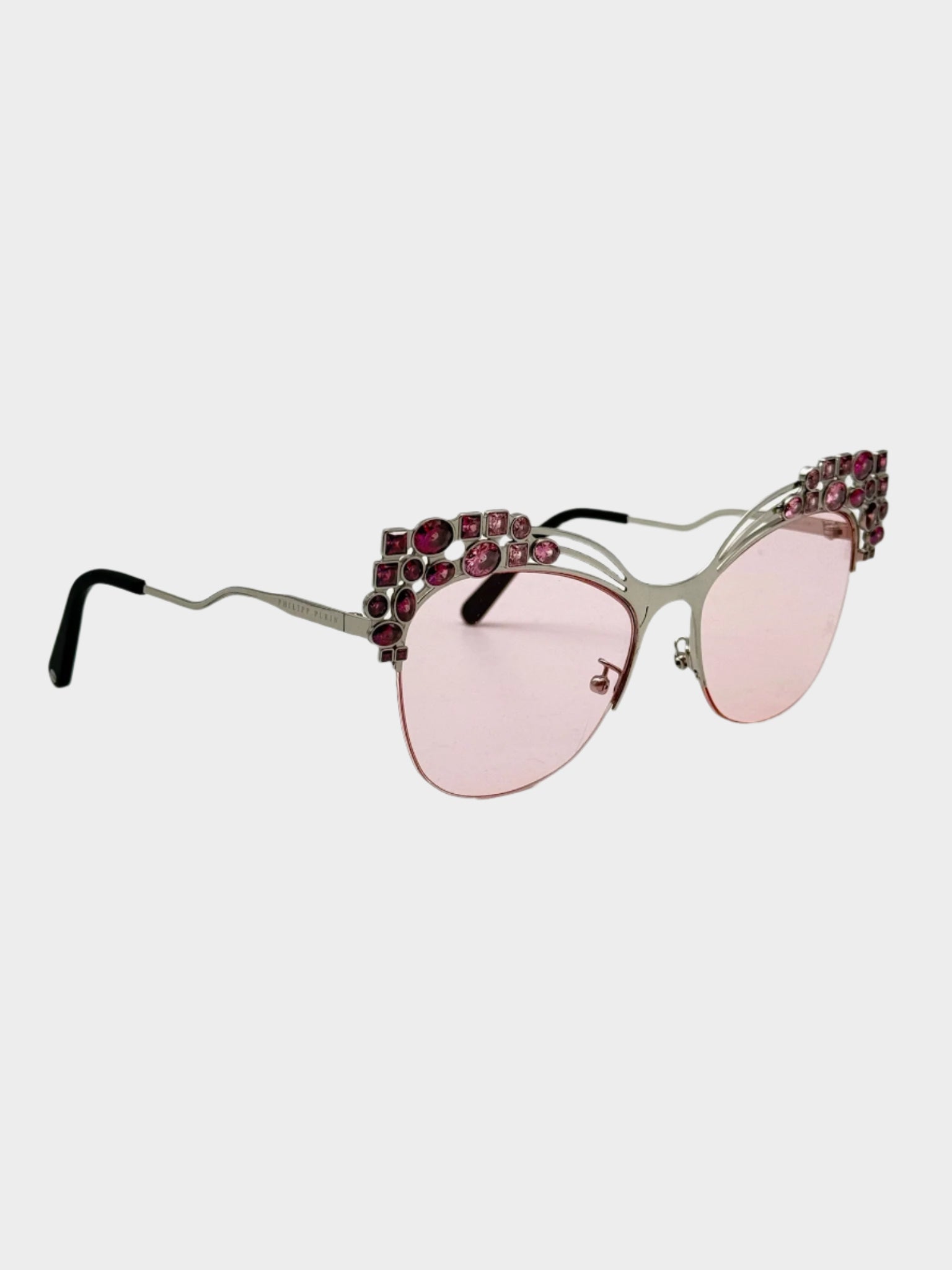 Occhiali Argento Con Lenti Rosa e Dettagli Gioiello
