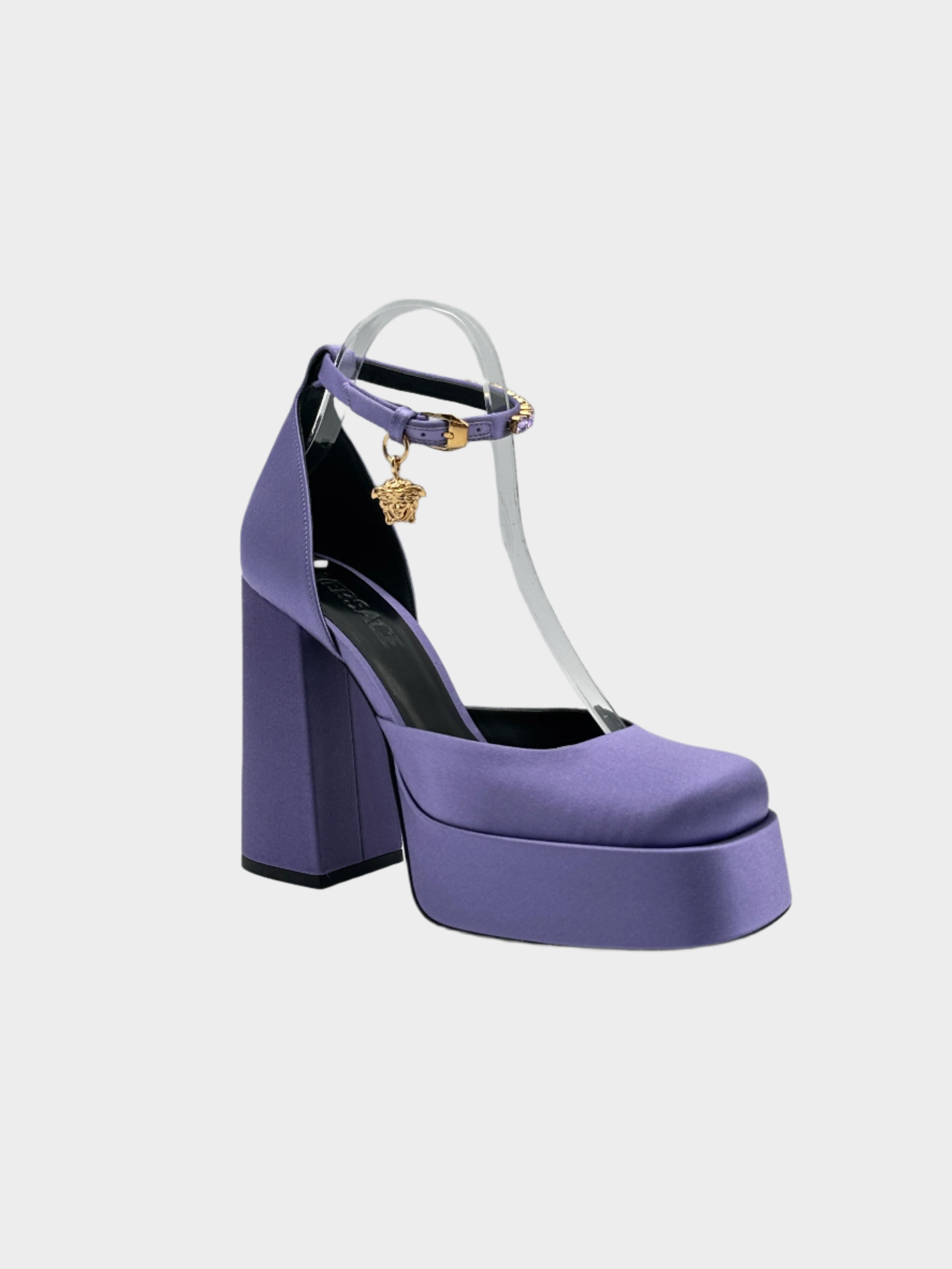 Lilac Satin Pumps With Platform And Jewel Strap