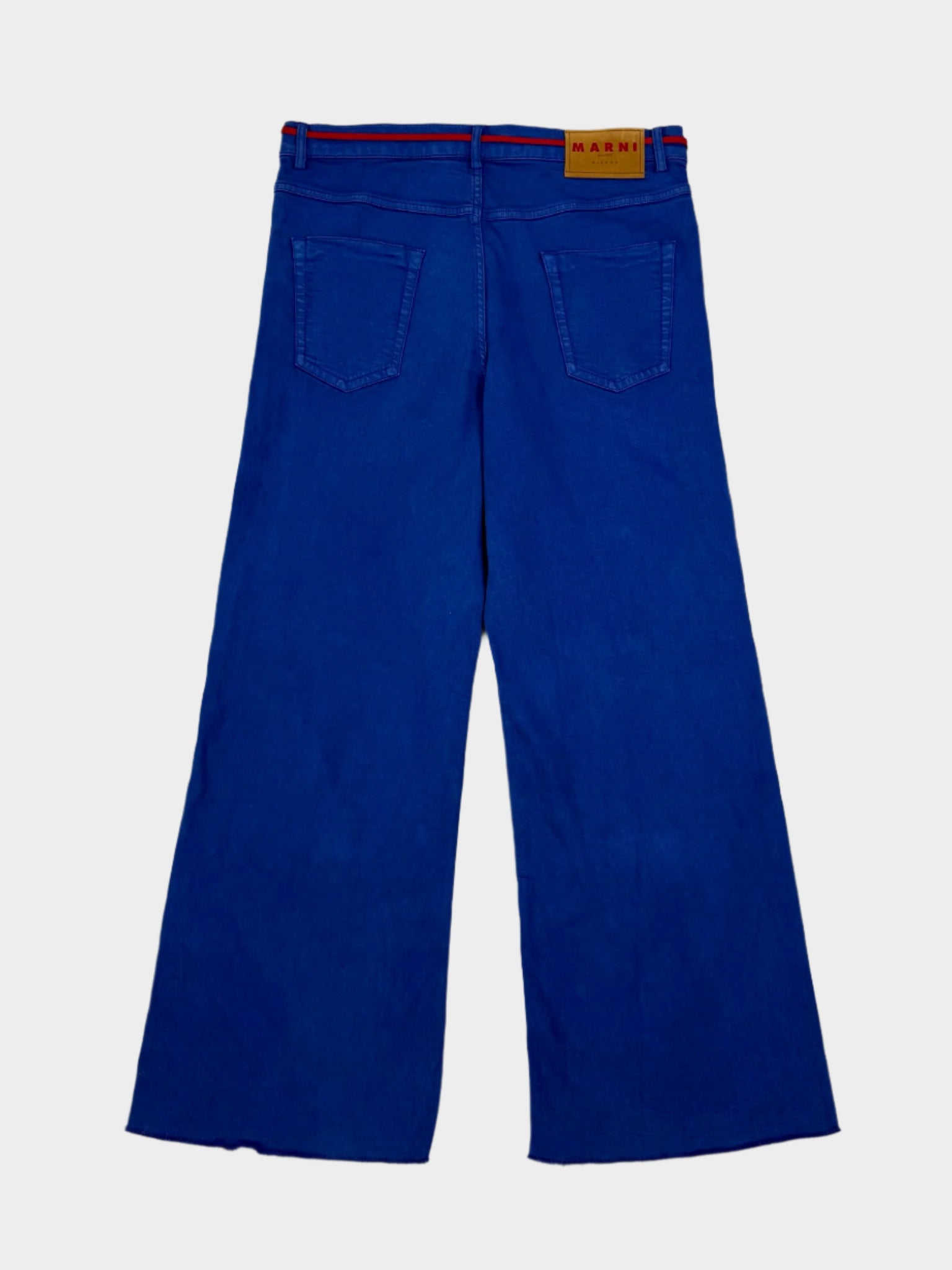 Pantaloni In Denim Blu A Gamba Larga Con Cintura Rossa Integrata