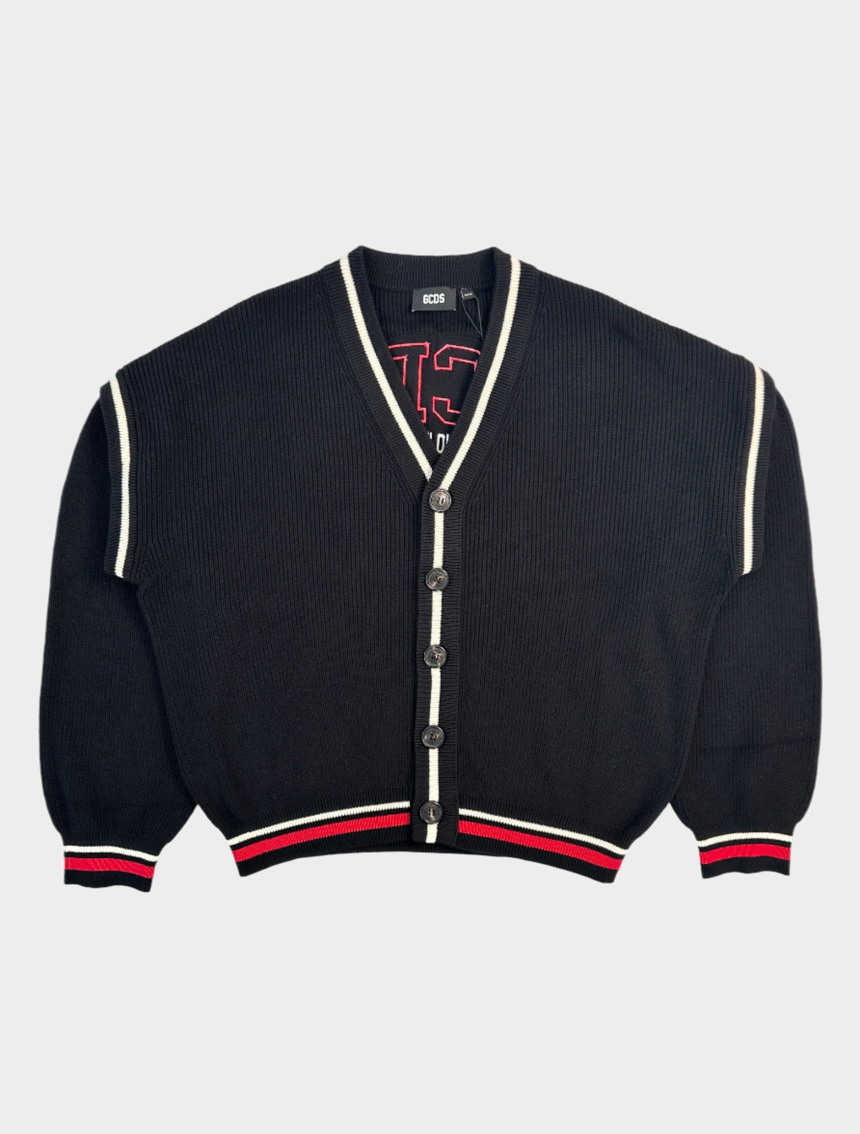 GCDS, cardigan varsity, maglia nera, logo ricamato, moda streetwear