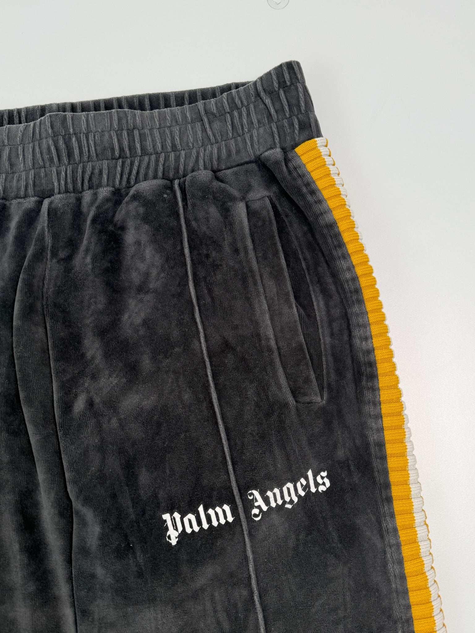Grey Velvet Effect Tracksuit Pants With Side Stripes