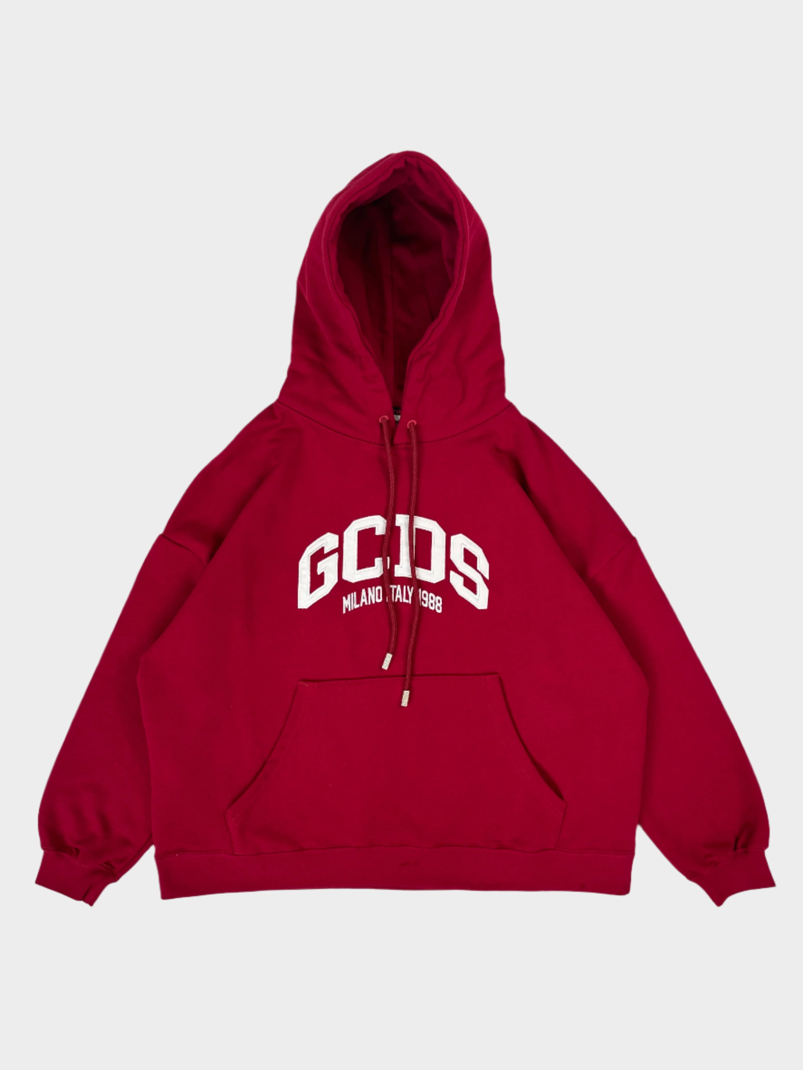 GCDS, felpa con cappuccio, hoodie rossa, streetwear, moda, felpa oversize