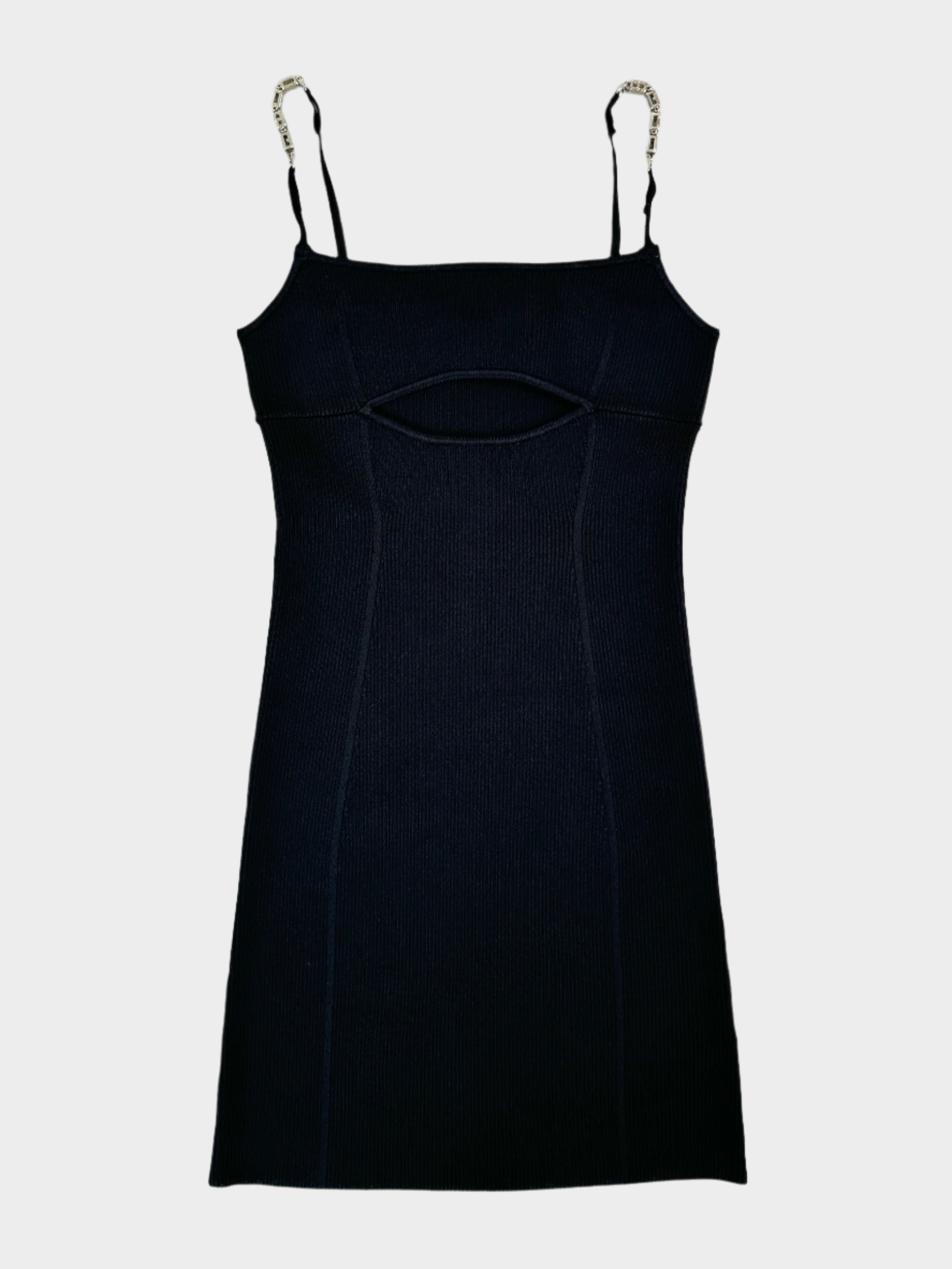 GCDS, mini dress, abito nero, tessuto a costine, dettagli gioiello, cut-out, moda donna, elegante