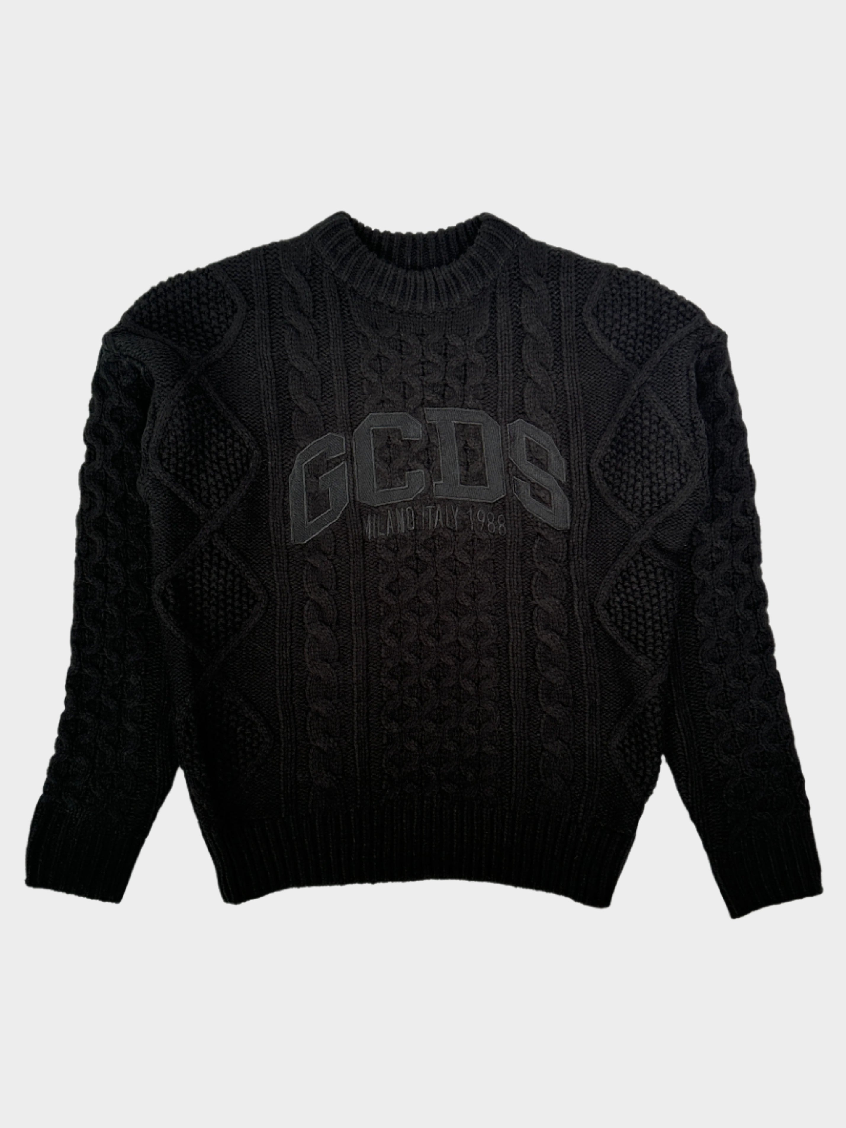 GCDS, maglione trecce, lana, nero, logo ricamato, moda uomo, casual chic