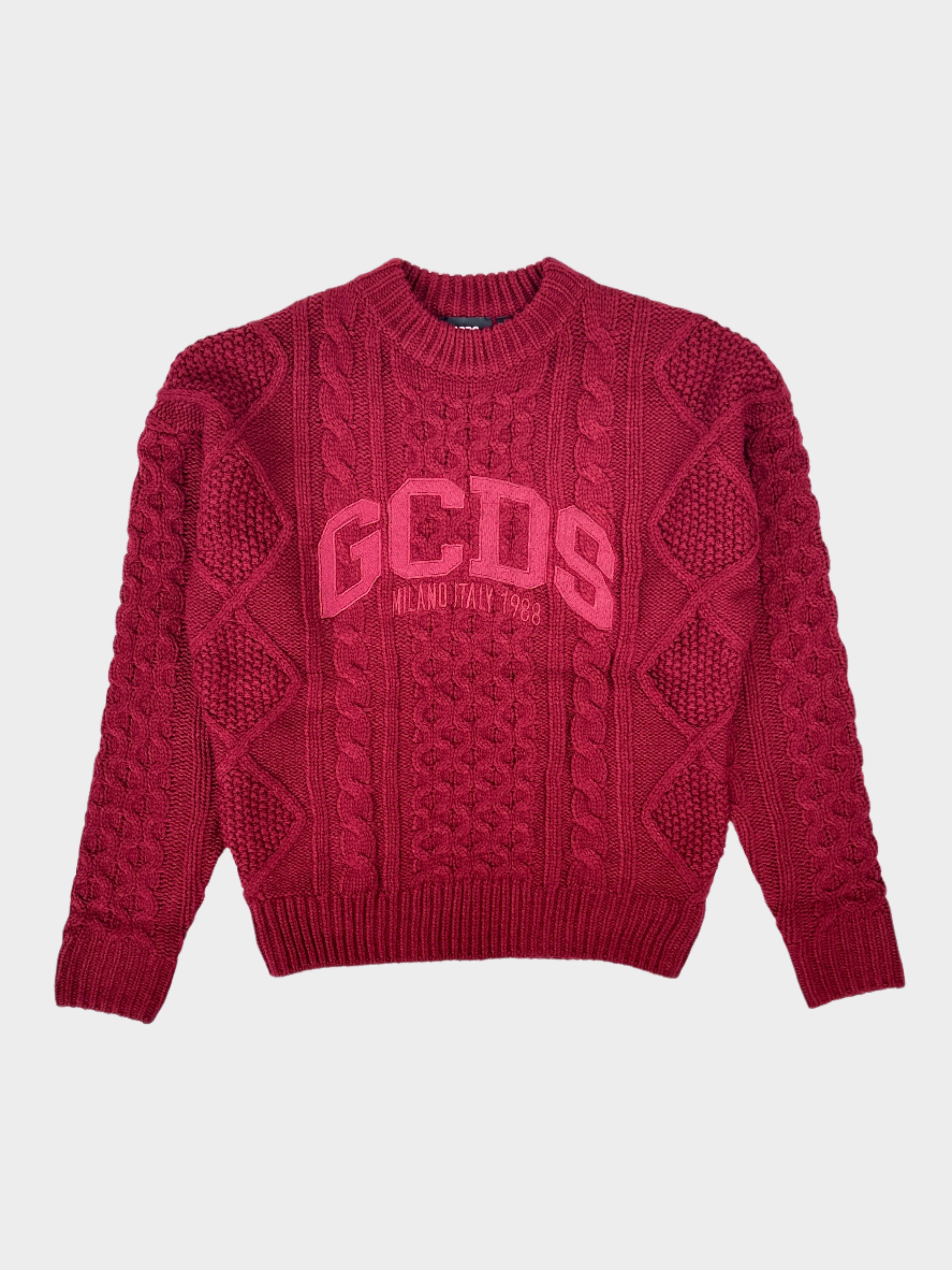 GCDS, maglione trecce, lana, rosso, logo ricamato, moda uomo, casual chic