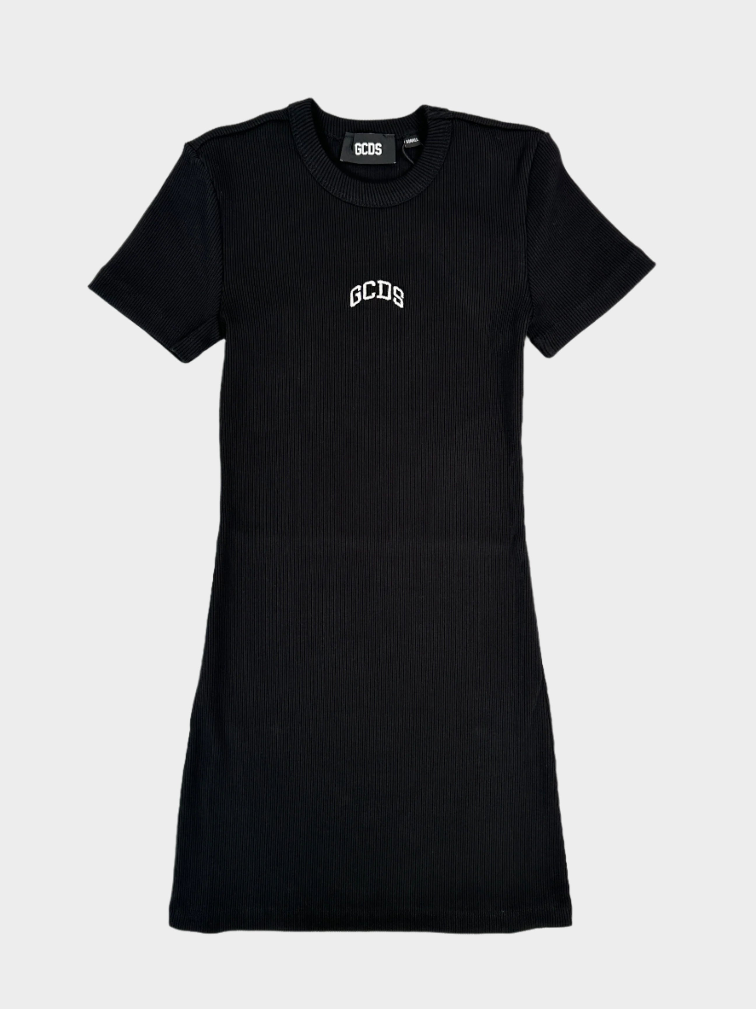 GCDS, mini dress, abito nero, tessuto a costine, logo ricamato, moda donna, casual chic