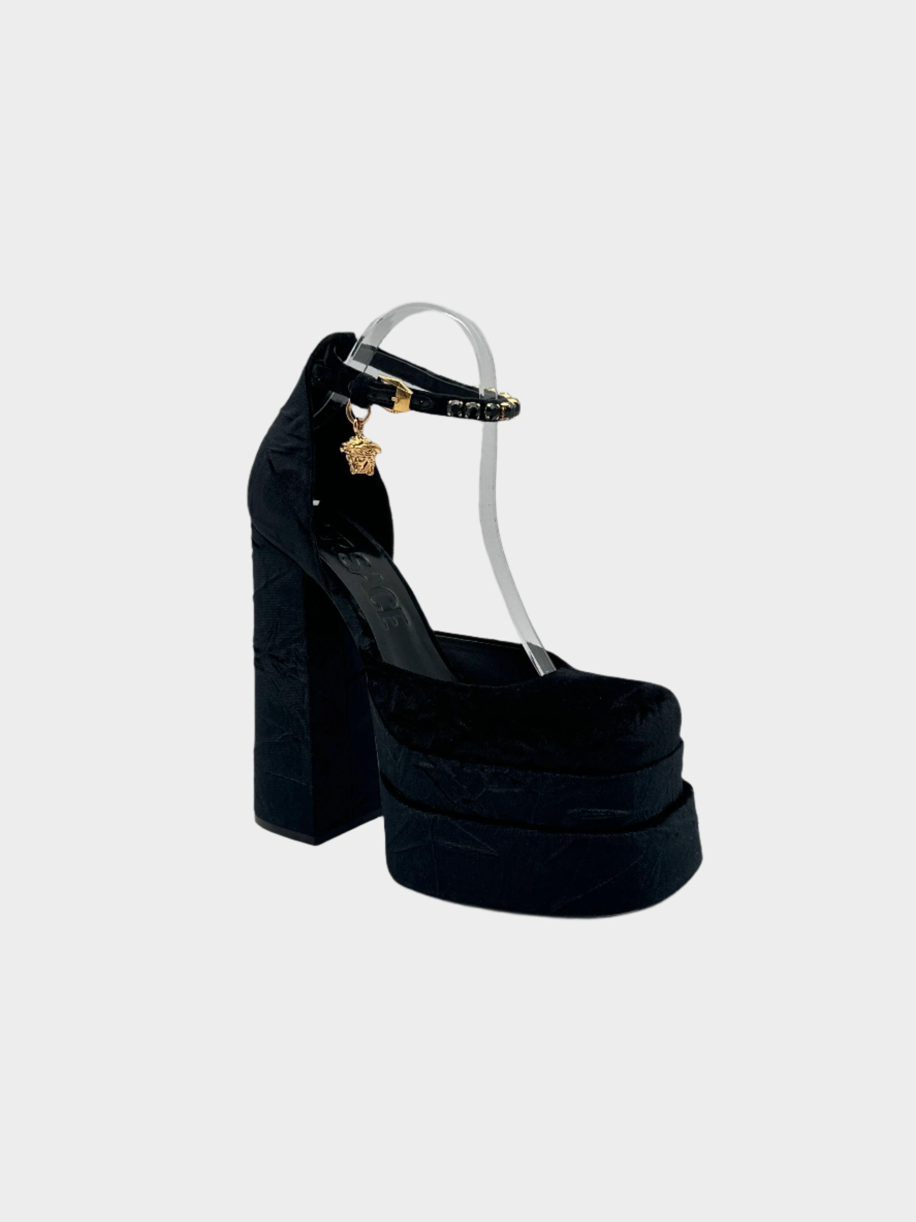 Black Velvet Platform Pumps With Jewel Strap