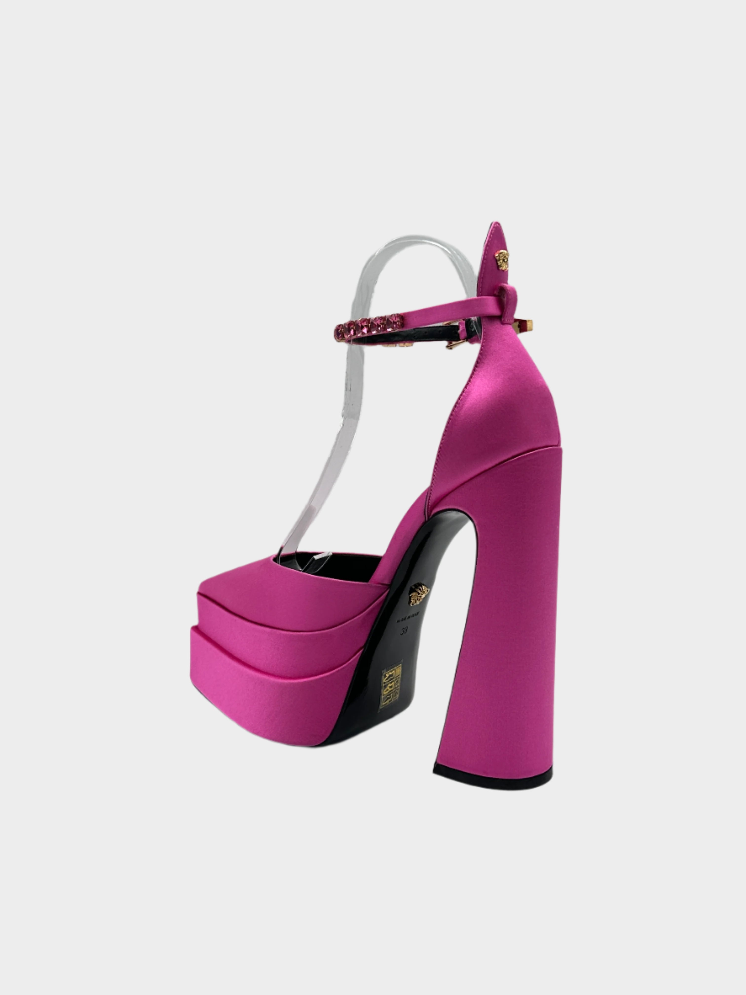 Décolleté In Raso Rosa Con Plateau E Cinturino Gioiello