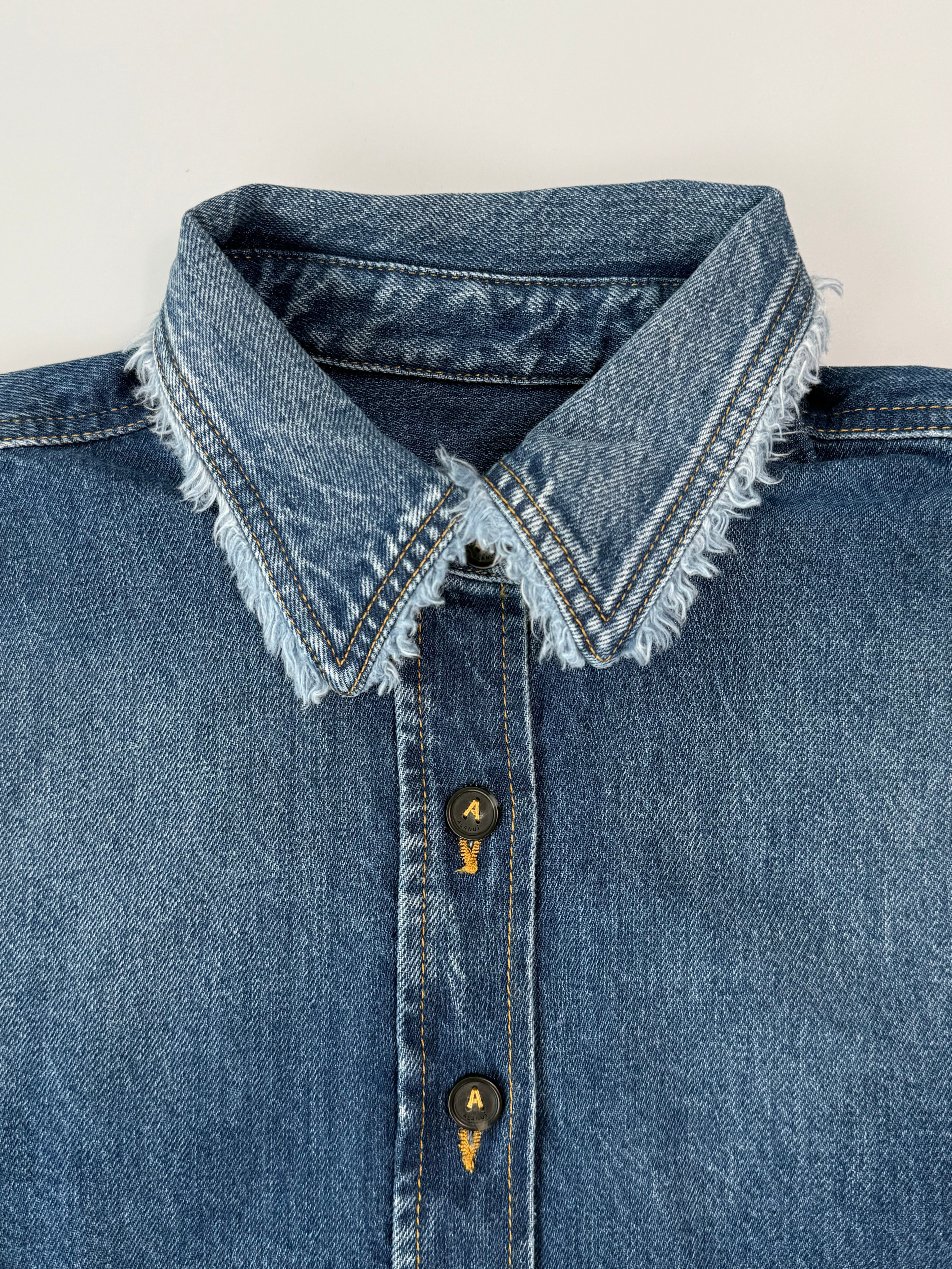 Cropped Denim Shirt With Frayed Hems