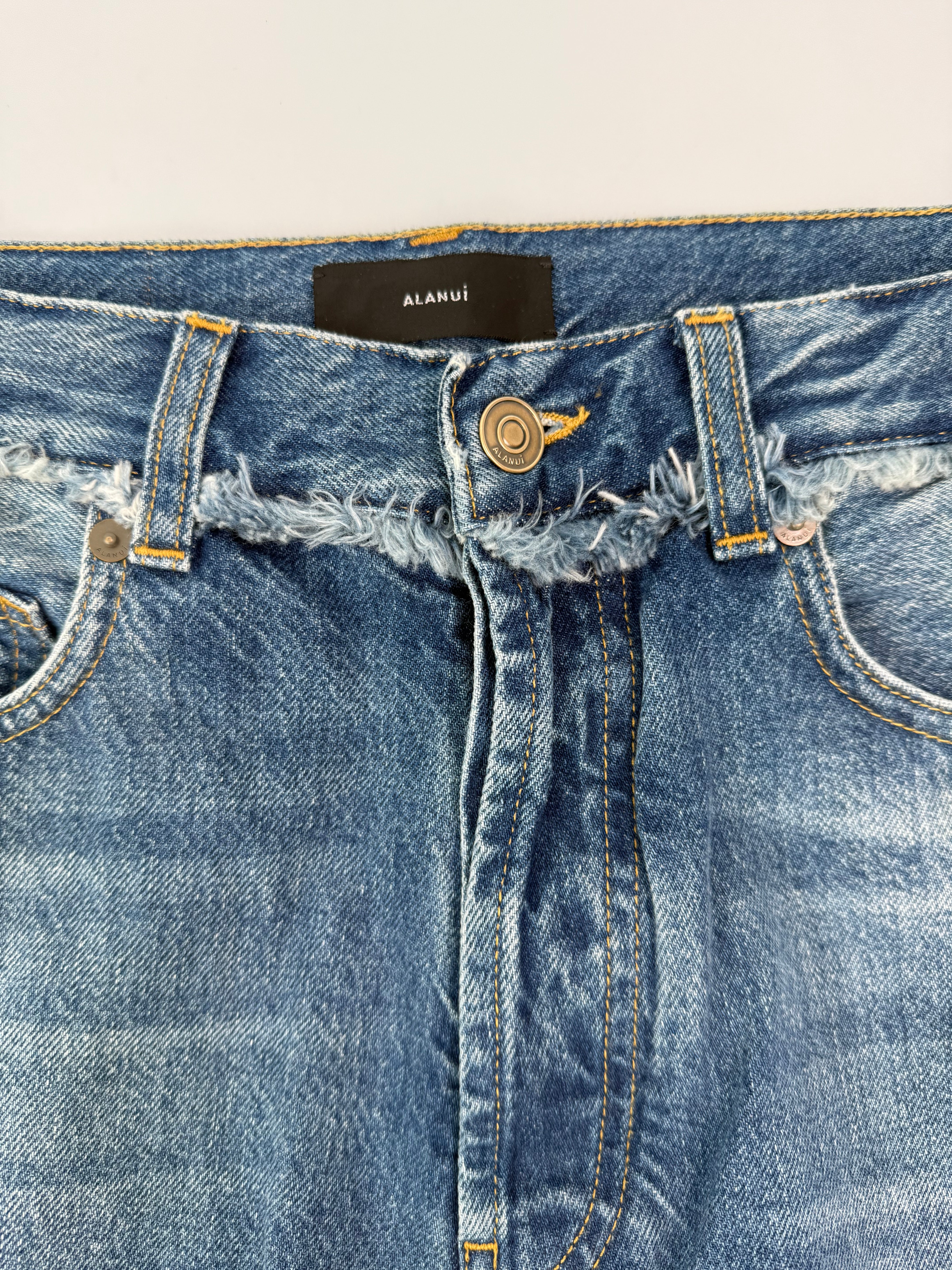 Relaxed Fit Blue Denim Trousers With Frayed Hem