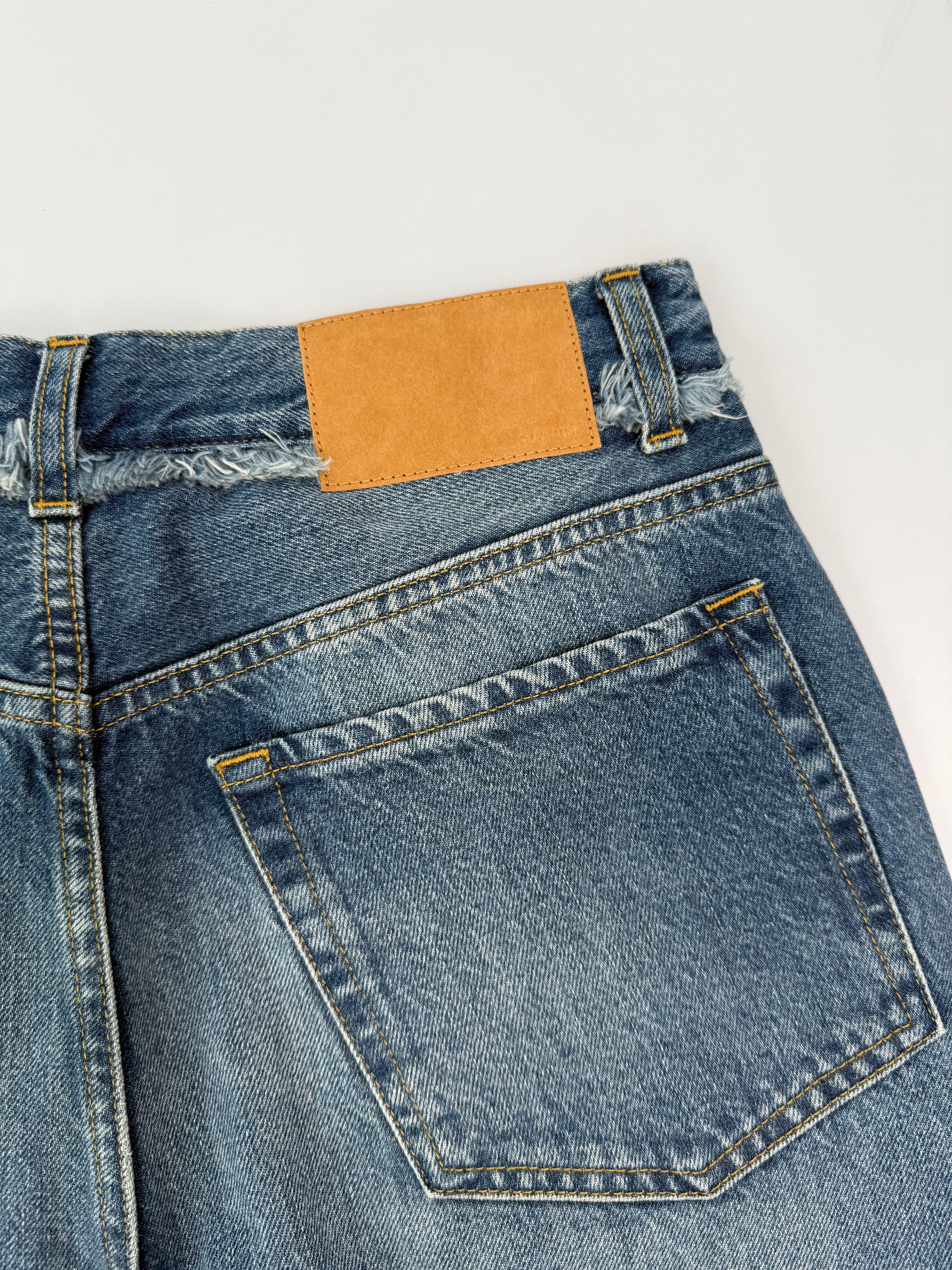 Relaxed Fit Blue Denim Trousers With Frayed Hem