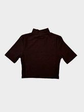Brown Bi-Elastic Turtleneck Crop Top With Half Sleeve -  | dBlank