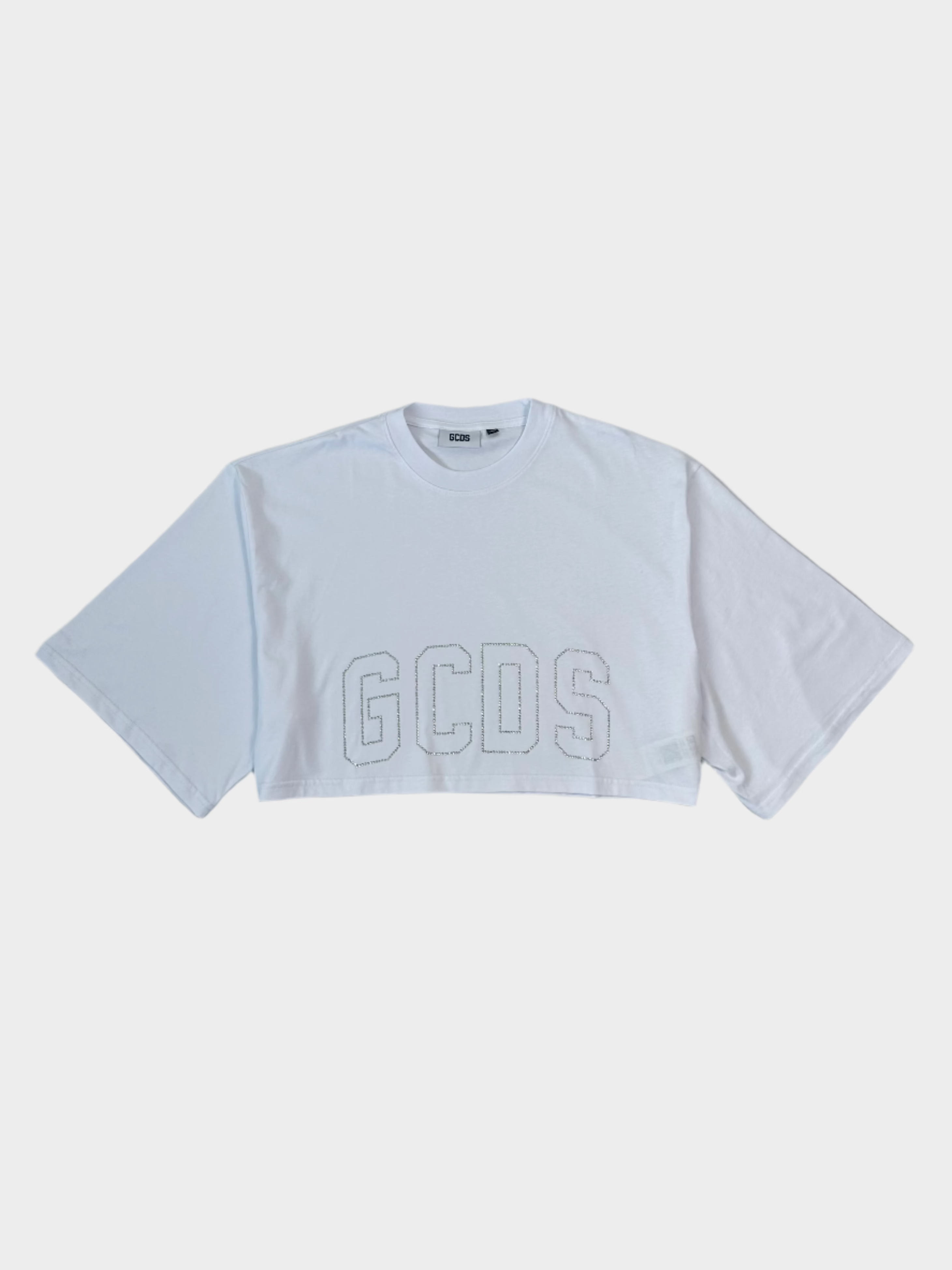 crop t-shirt bianca, t-shirt GCDS bling, maglietta corta logo, t-shirt streetwear donna, t-shirt cotone GCDS

