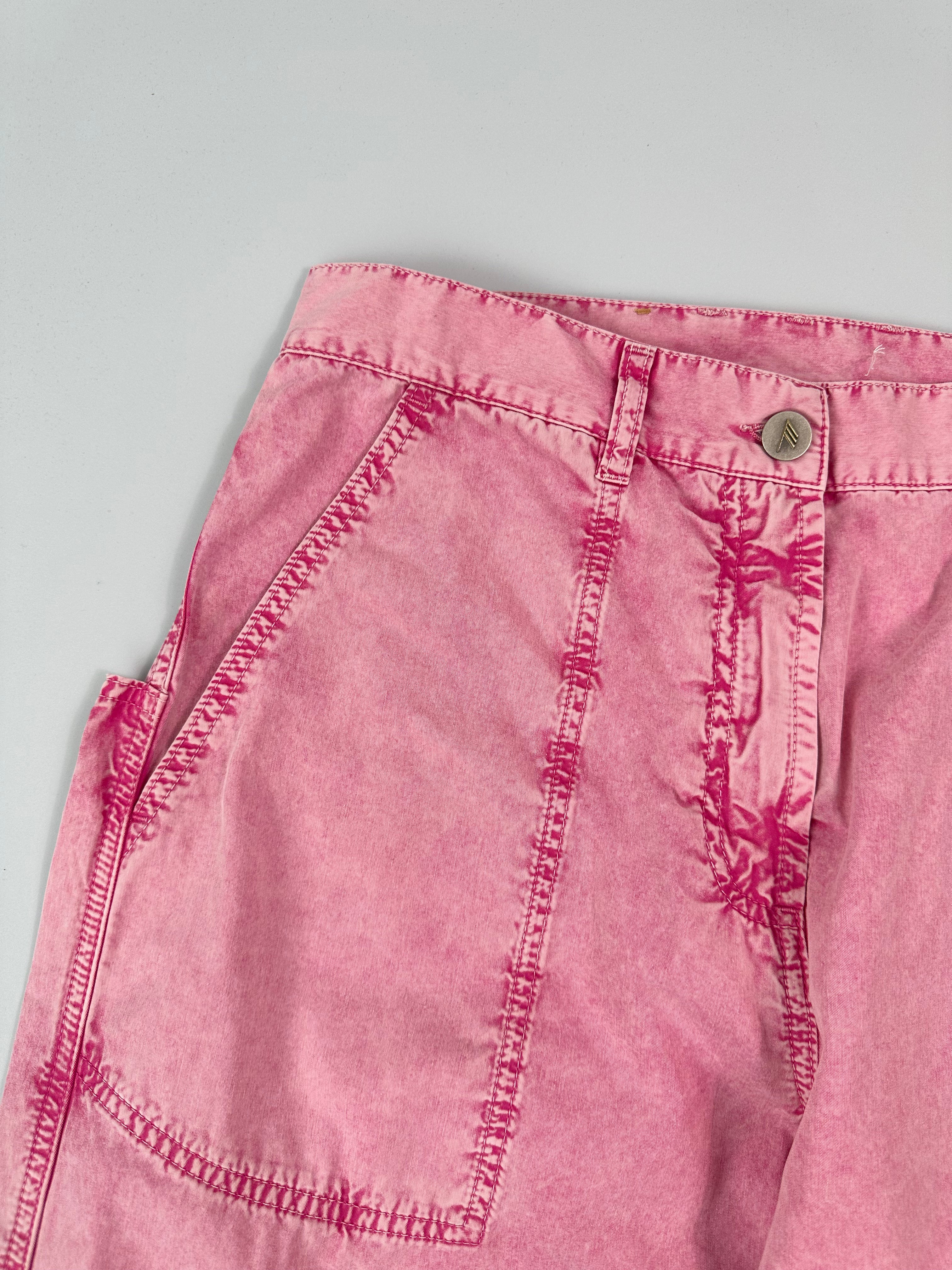 Pink Denim Effect Cotton Trousers With Decorative Stitching
