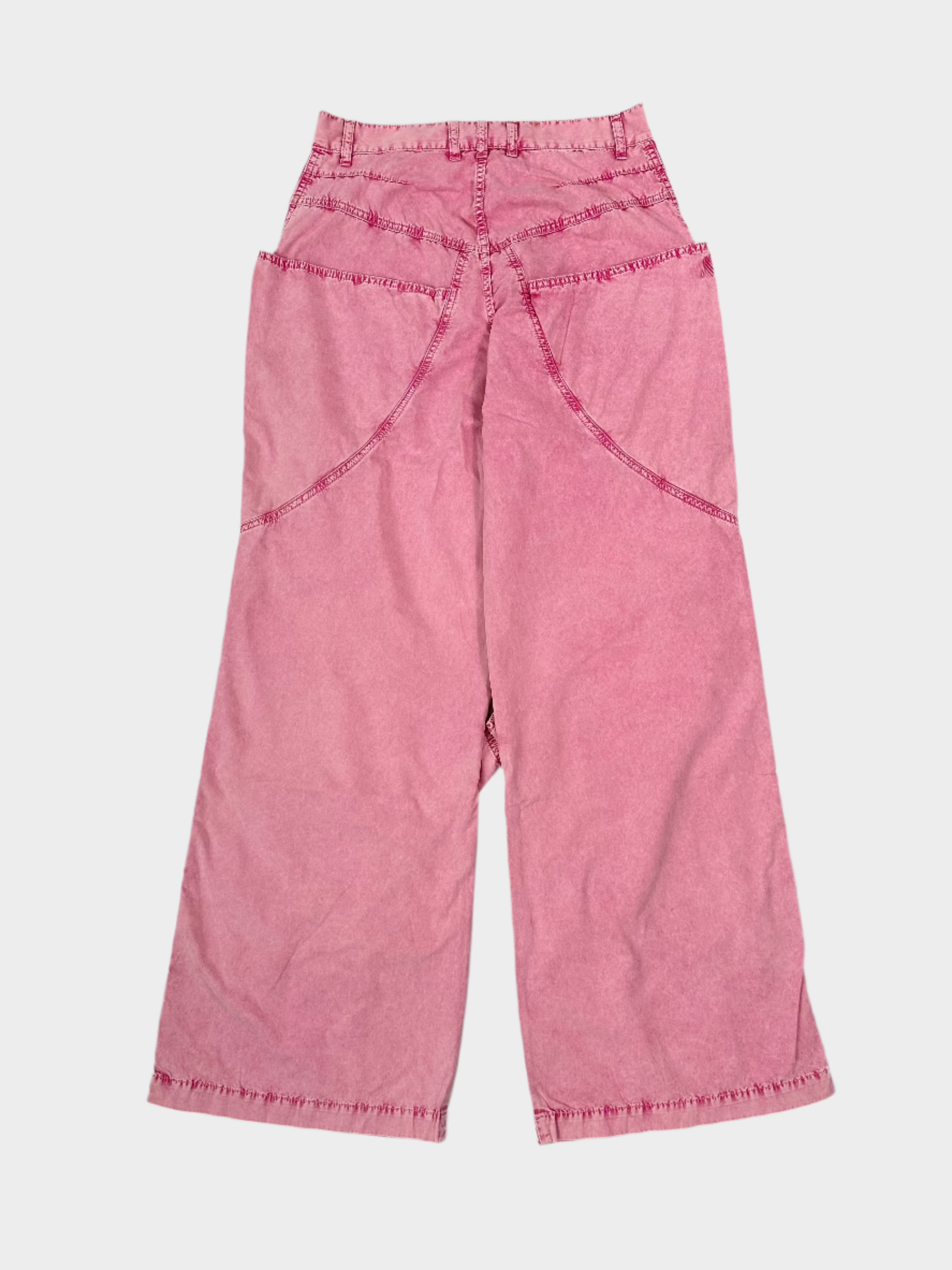 Pink Denim Effect Cotton Trousers With Decorative Stitching