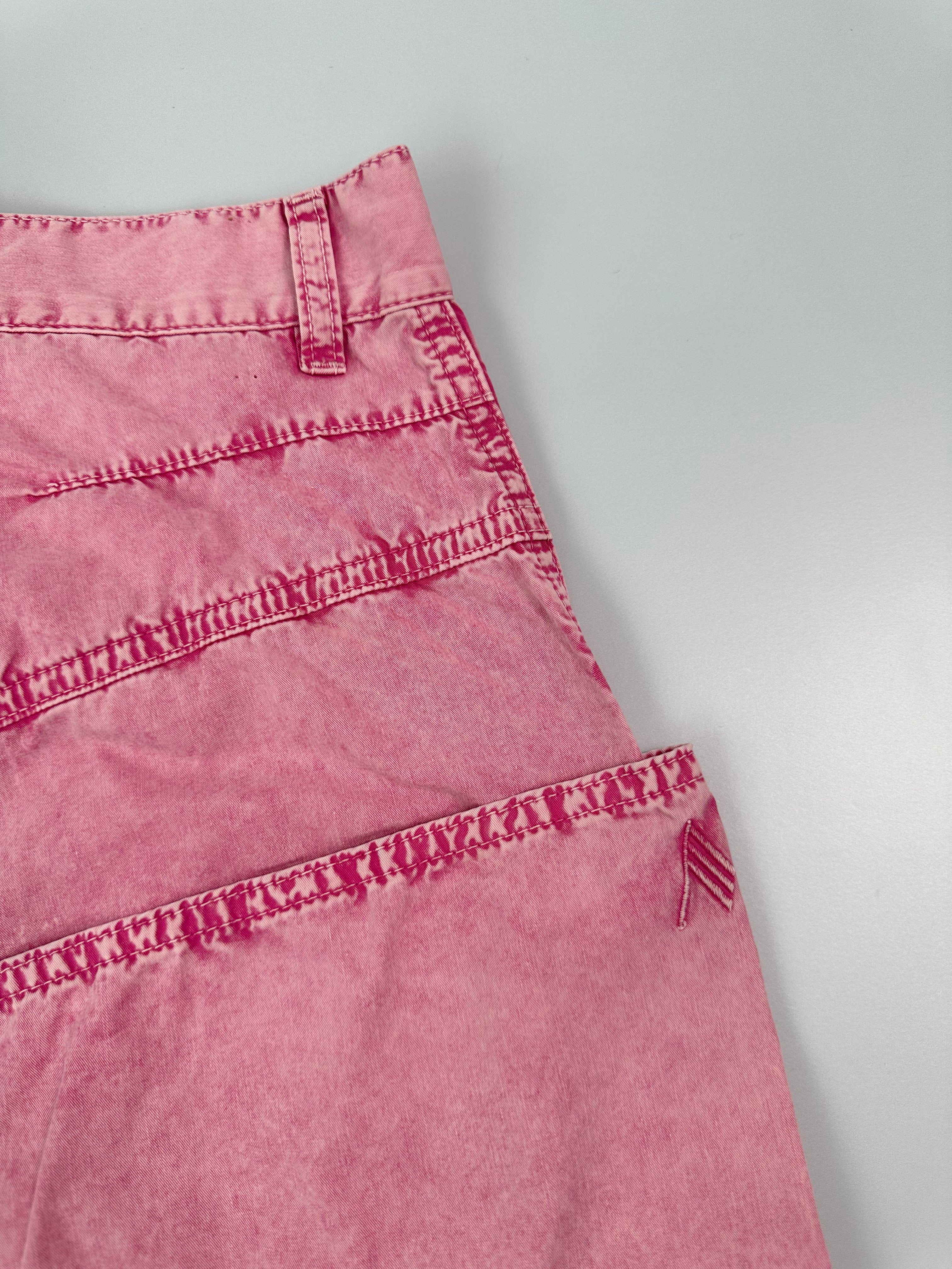 Pink Denim Effect Cotton Trousers With Decorative Stitching