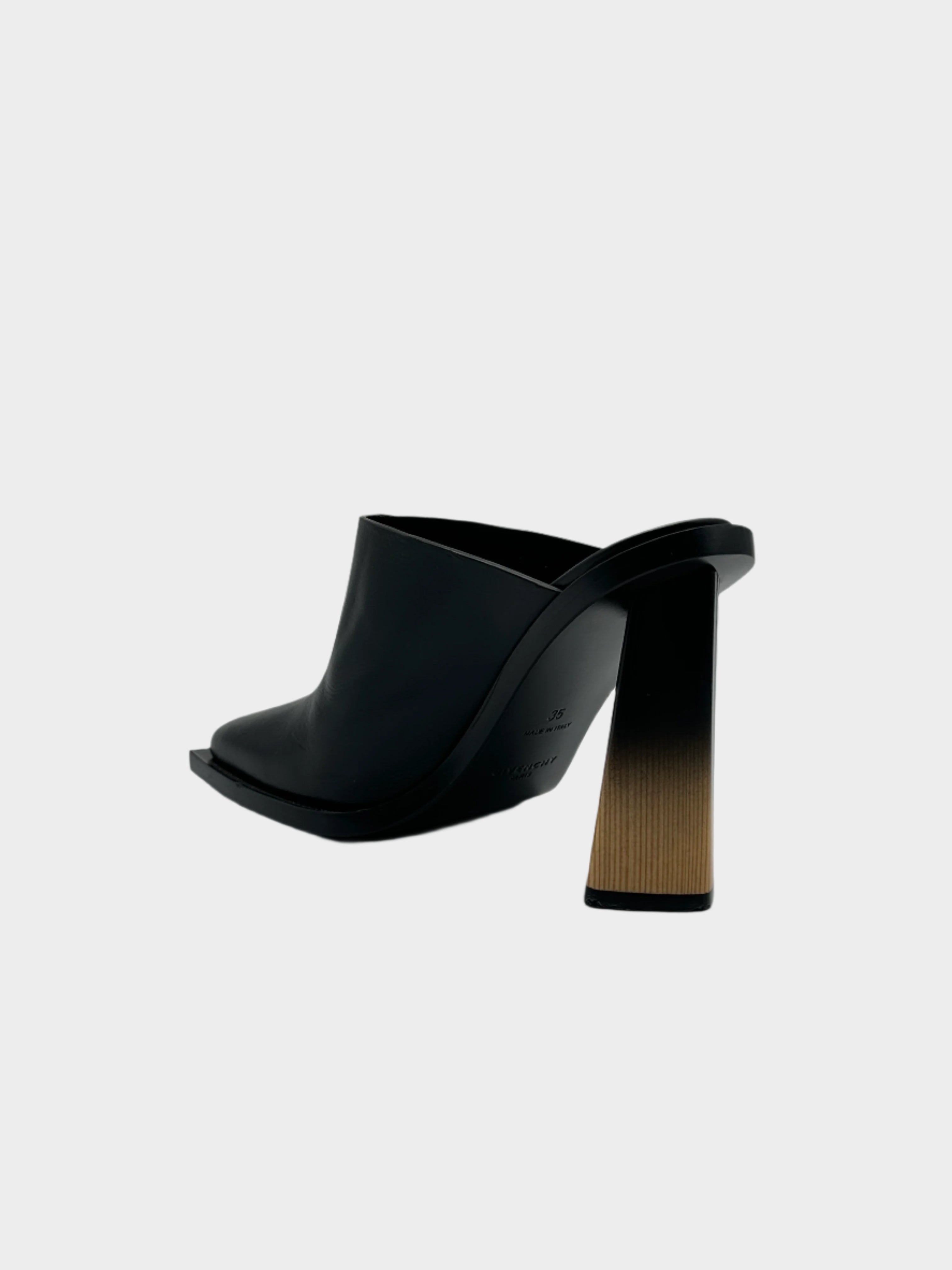 Black Leather Mules With Shaded Heel And Wood Effect