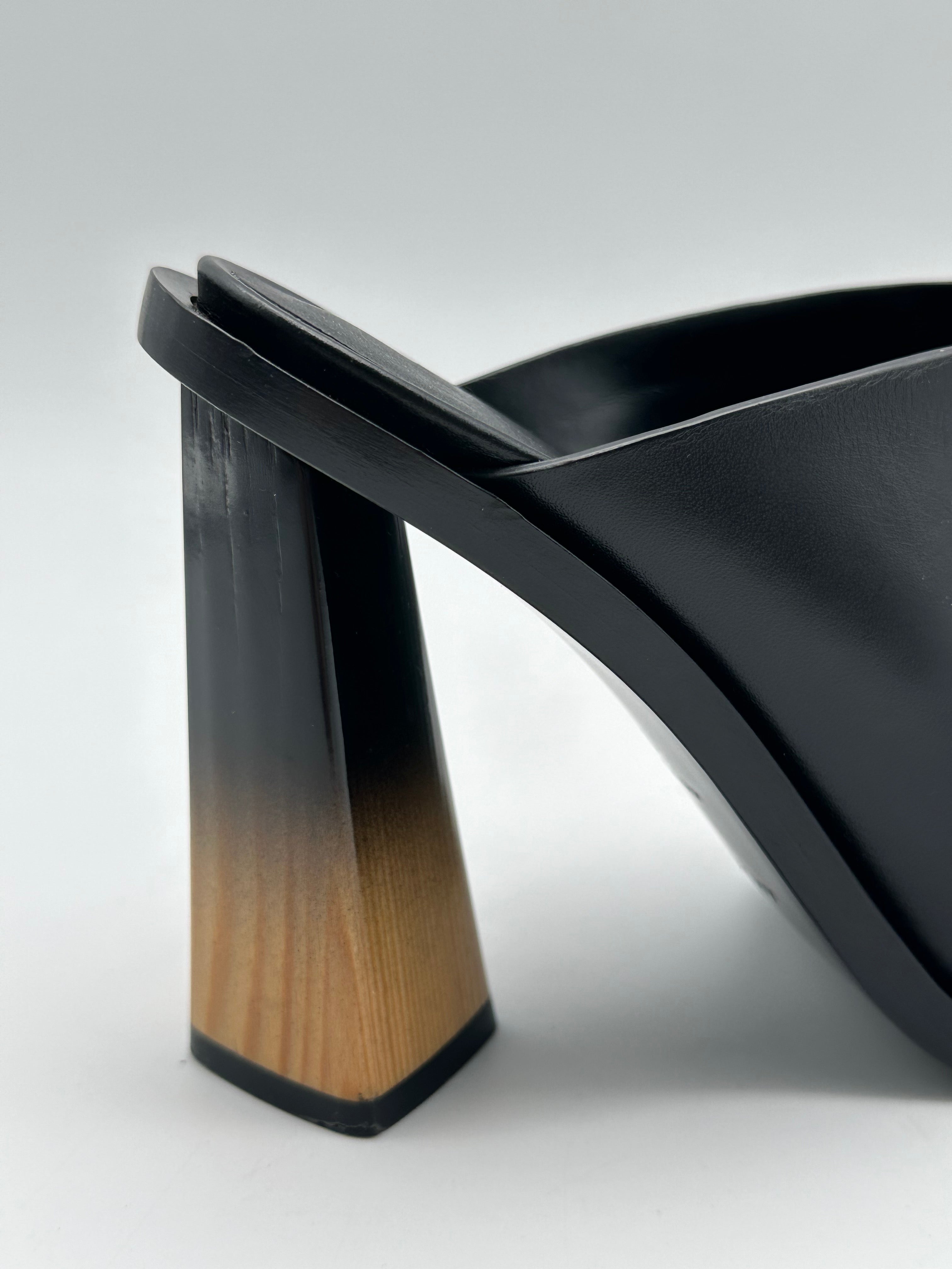 Black Leather Mules With Shaded Heel And Wood Effect
