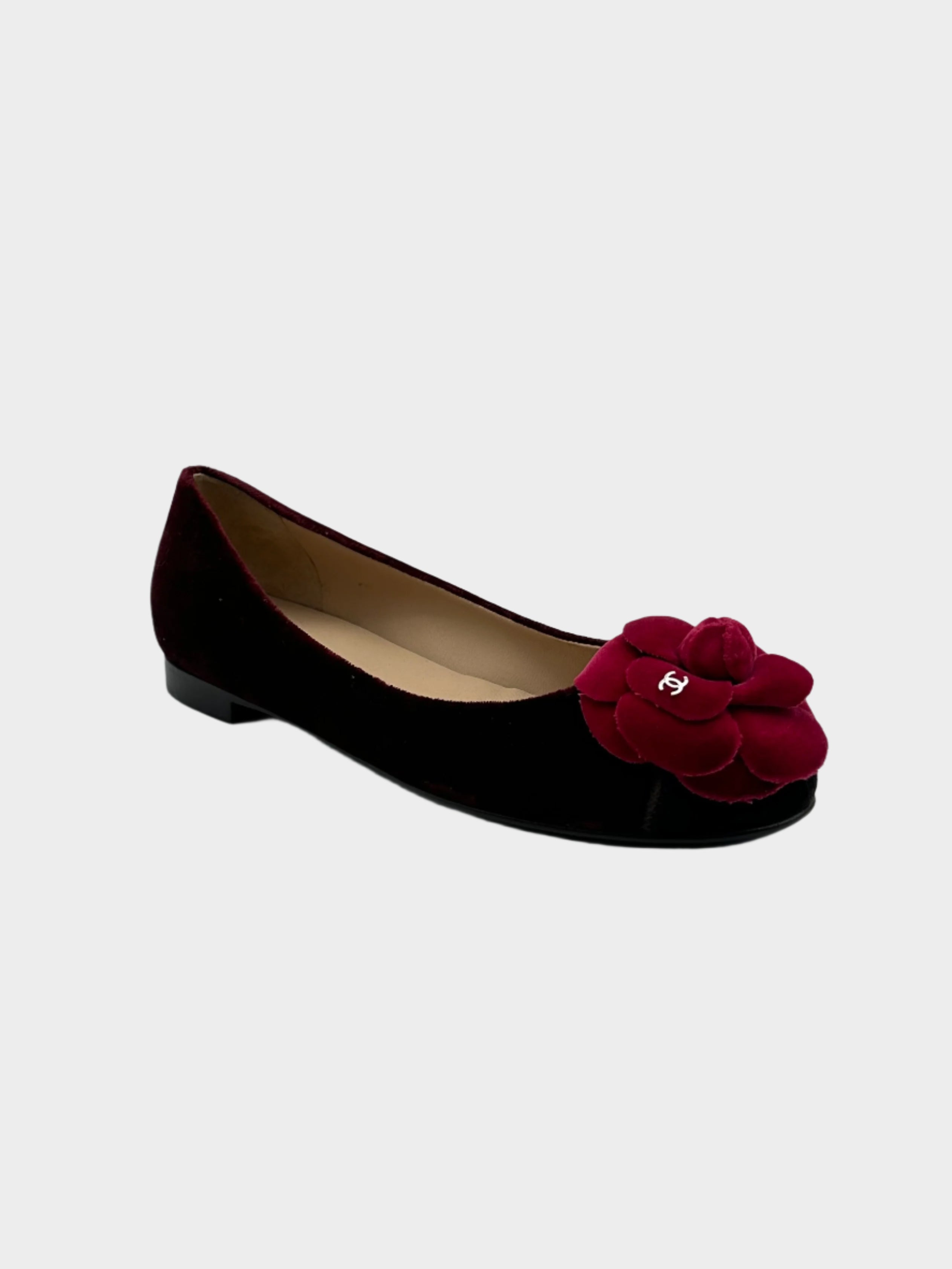 Ballerine In Velluto Bordeaux Con Fiore E Punta A Contrasto