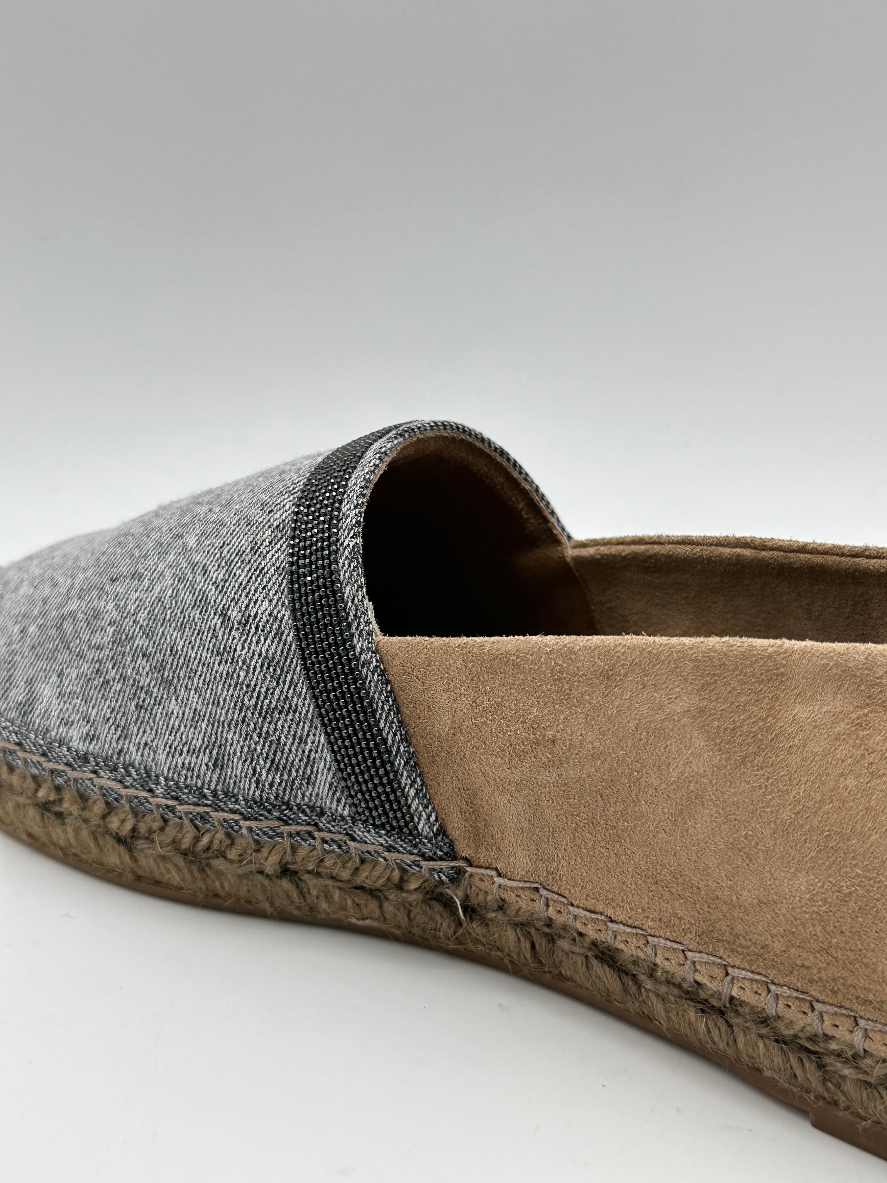 Suede and Fabric Espadrilles with Metallic Beaded Band