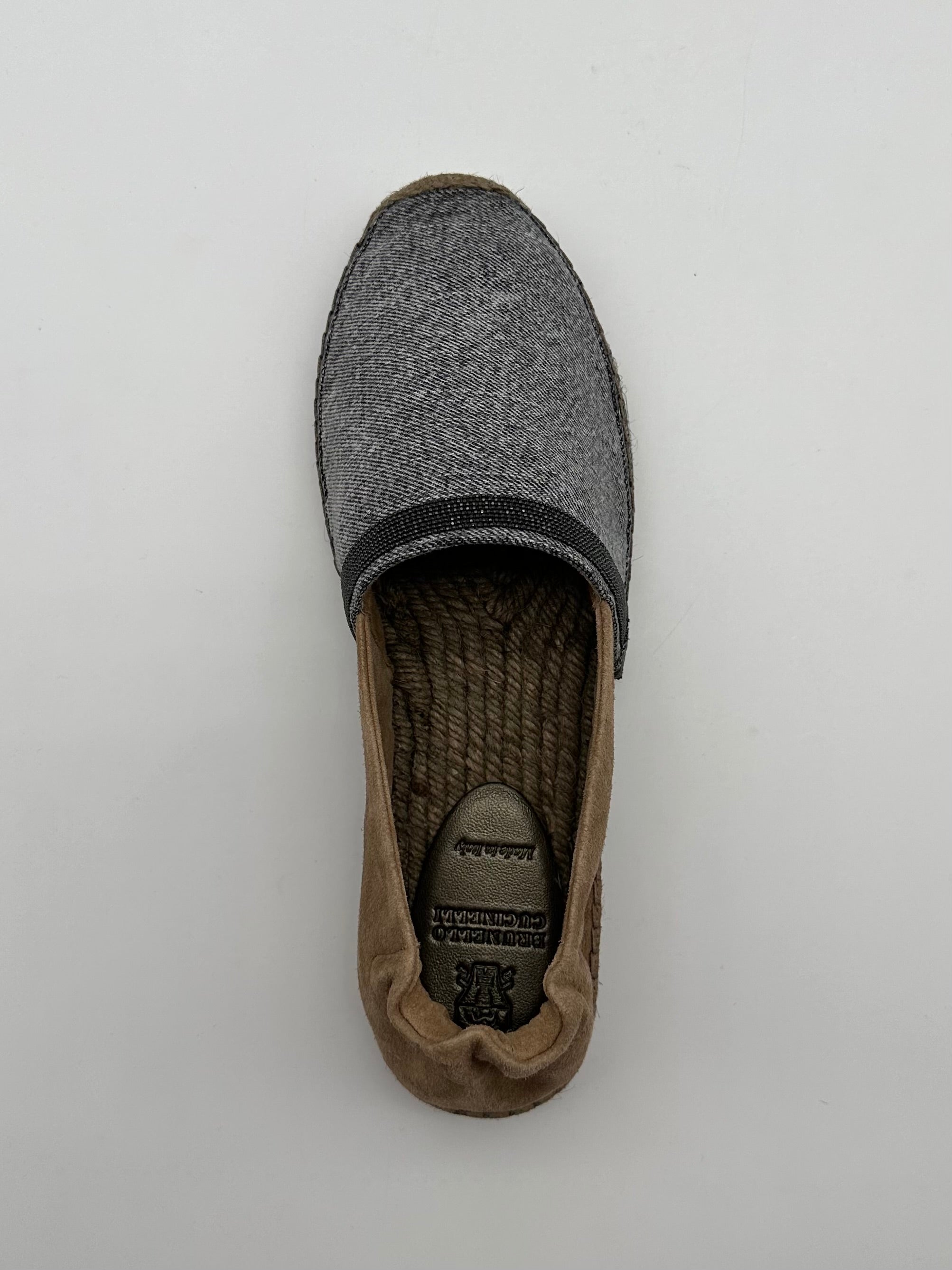 Suede and Fabric Espadrilles with Metallic Beaded Band