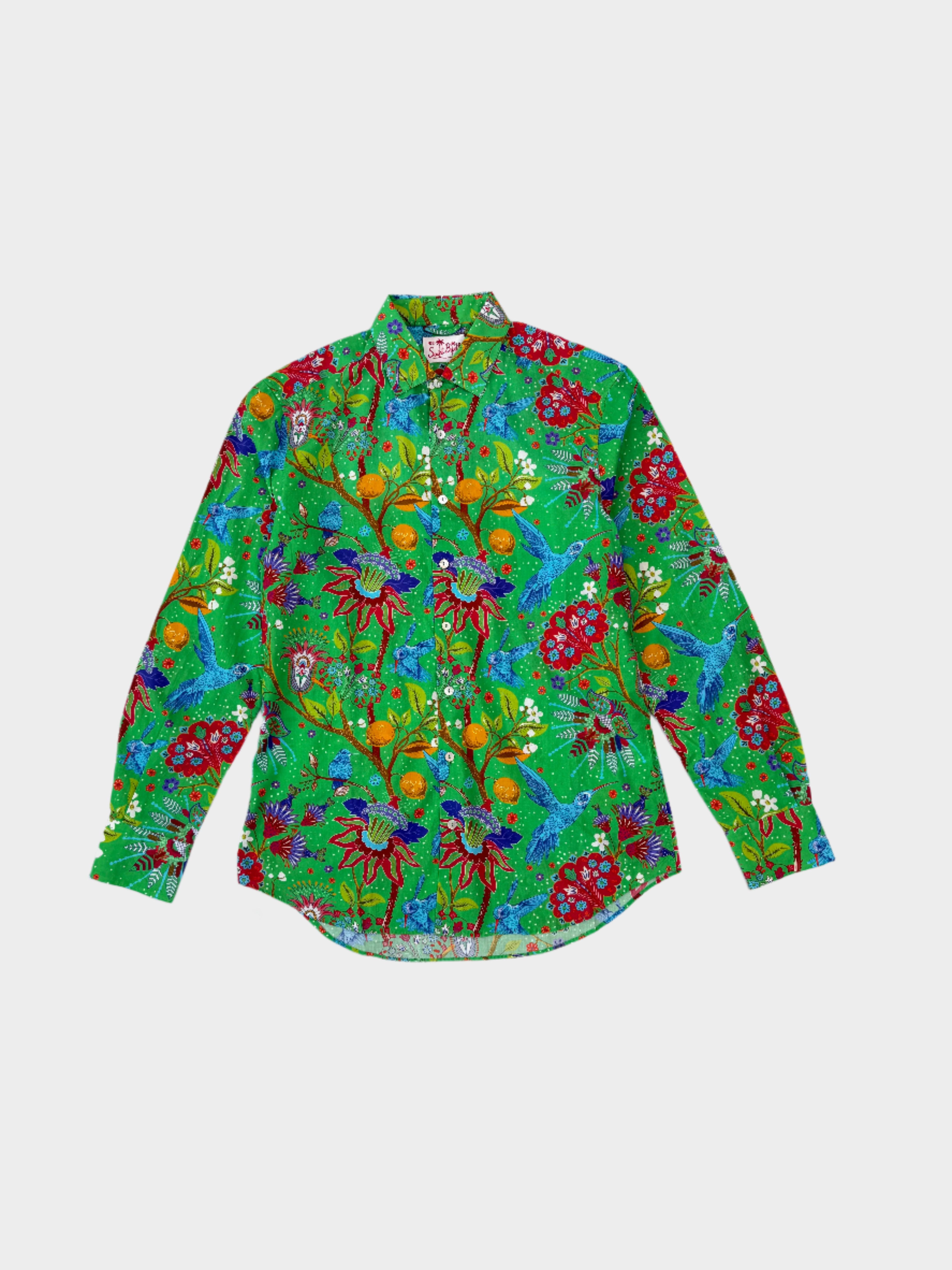 Camicia Sikelia Indian Birds In Cotone Con Stampa Floreale Verde