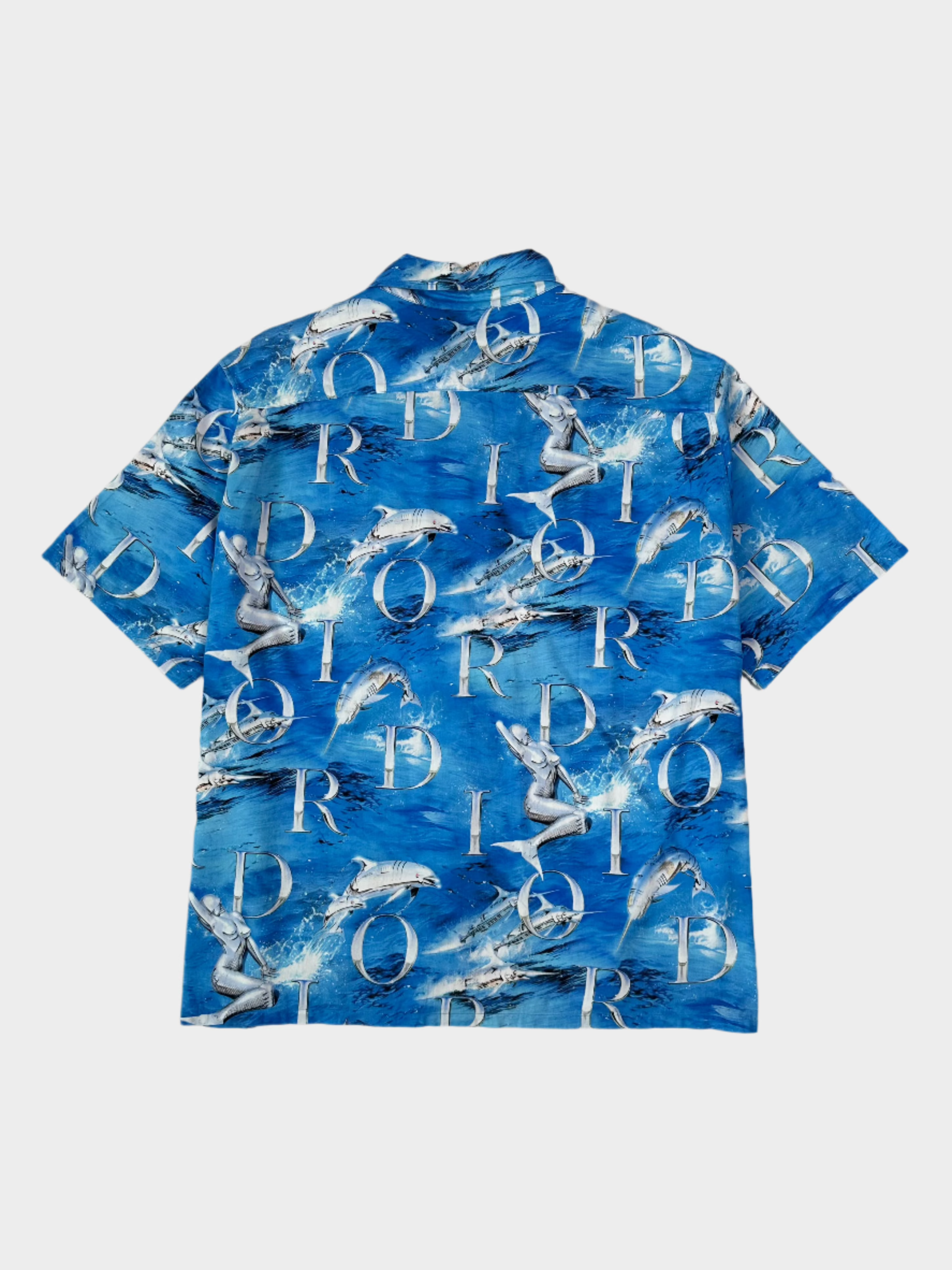 Camicia Blu A Maniche Corte Con Stampa Delfini E Logo All Over