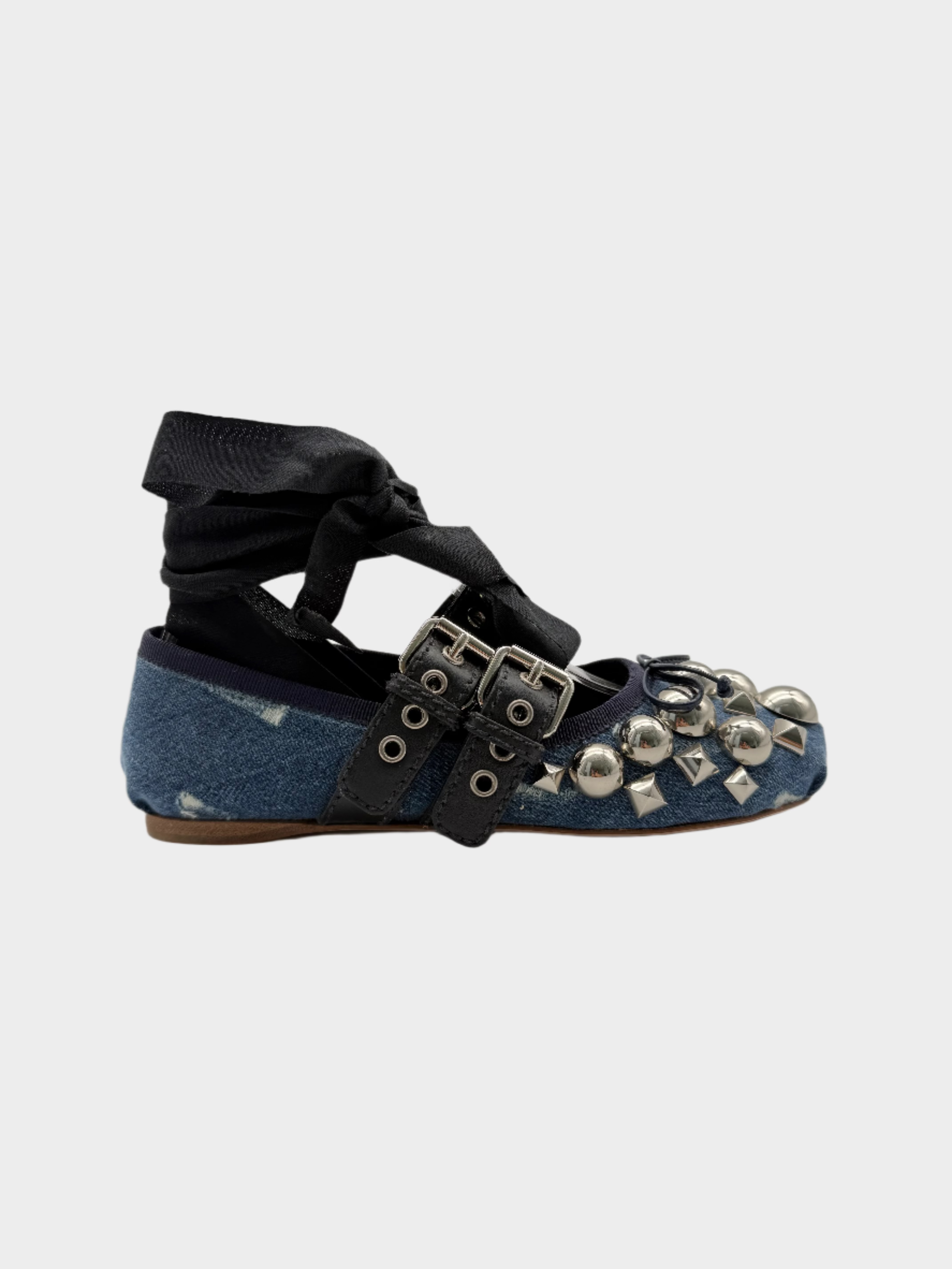 Ballerine In Denim Blu Con Borchie E Nastri In Contrasto