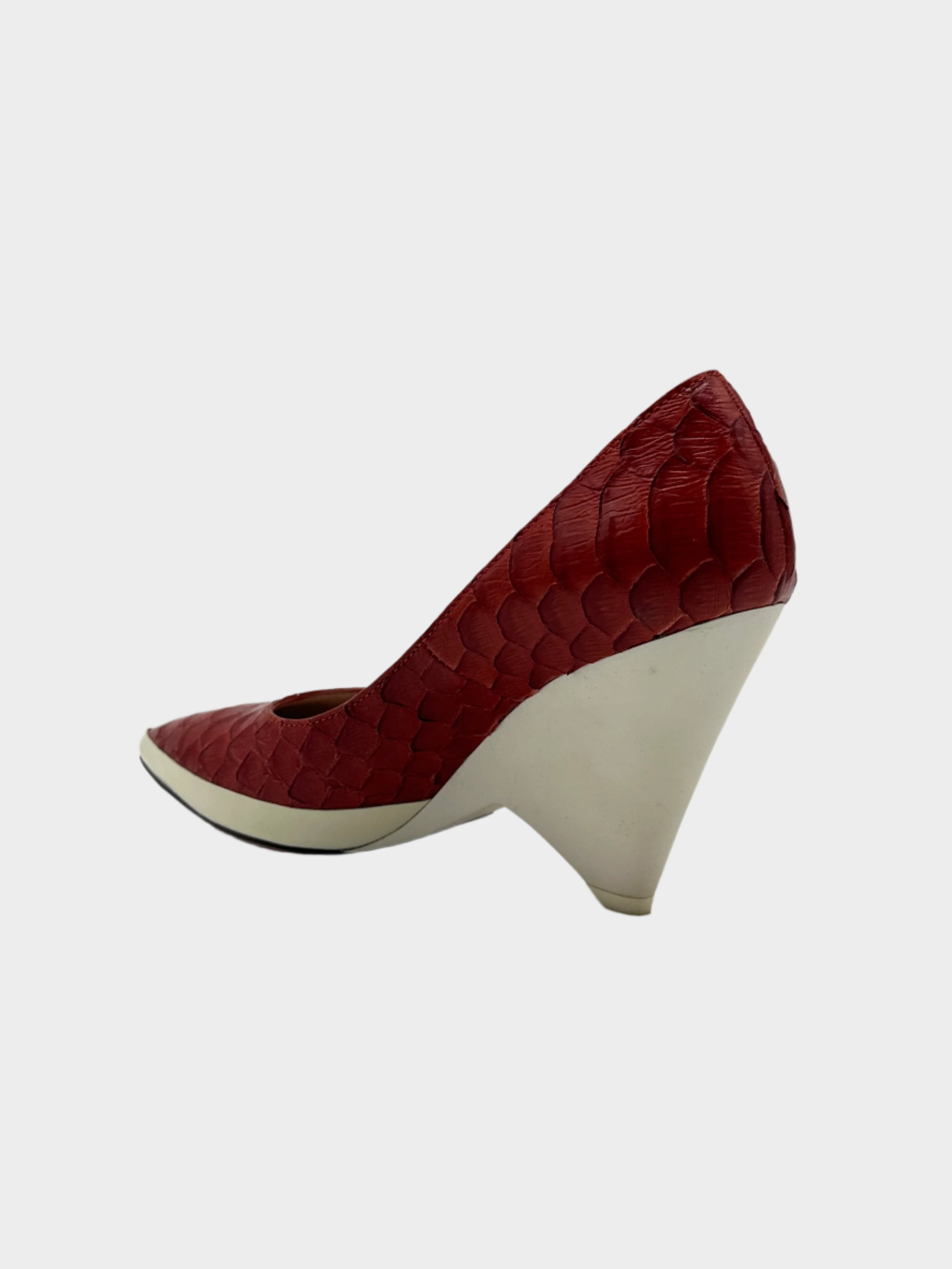Décolleté Rossa In Pelle Effetto Pitone Con Tacco Geometrico Bianco