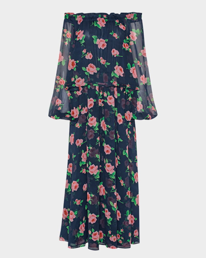 Chiffon Maxi Dress Flower Print