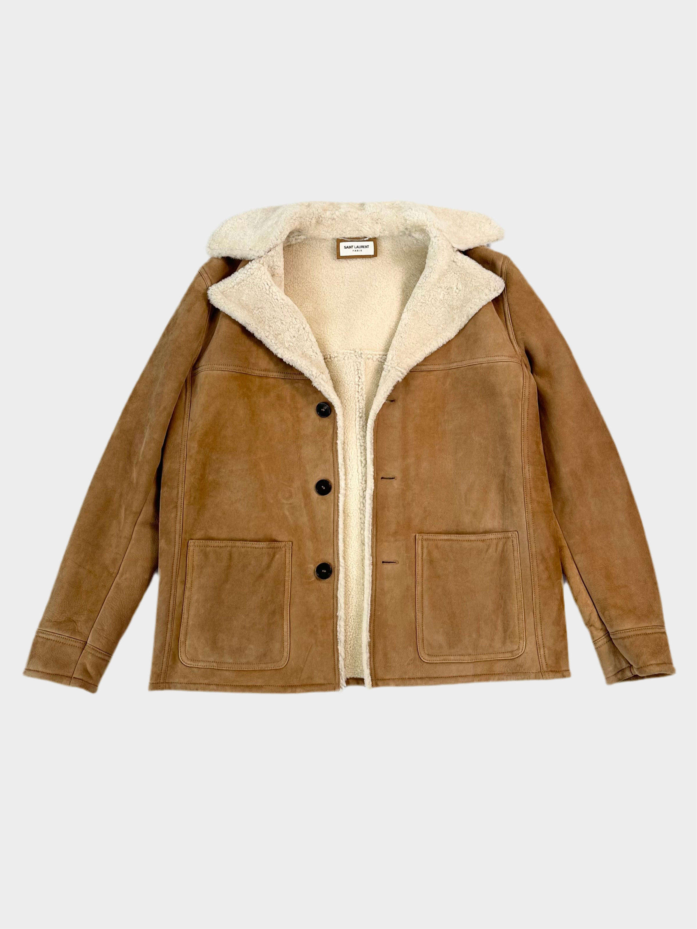 Saint Laurent, giacca montone, pelle scamosciata, giacca uomo marrone, montone cammello, outerwear uomo, stile elegante urbano, Qlhype