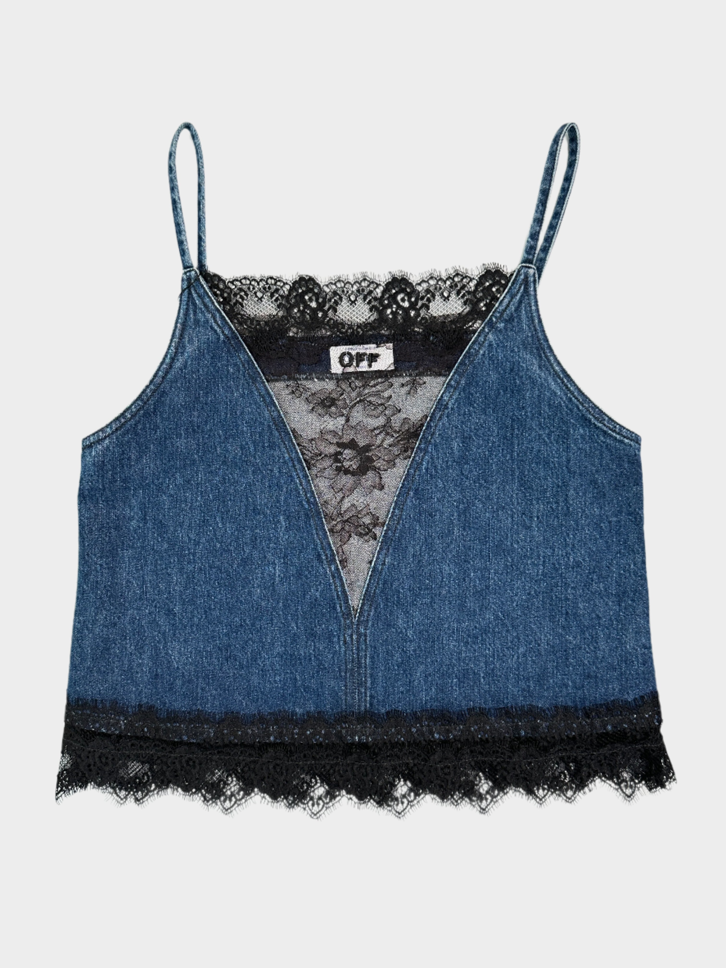 Top Off-White in denim blu con inserti in pizzo nero. Design con scollo a V, spalline sottili e orlo decorato per un look femminile e audace.