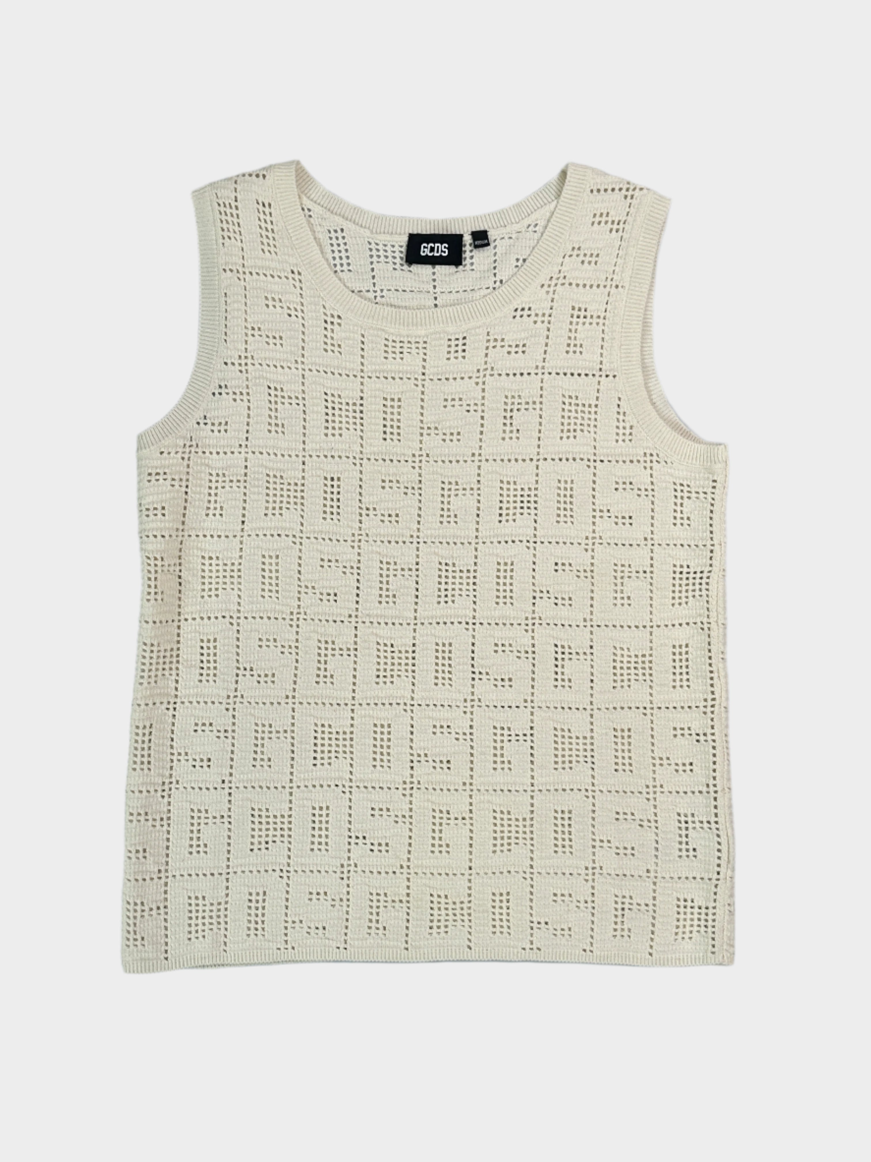GCDS, top smanicato, monogram, maglia macramé, knitwear, moda streetwear

