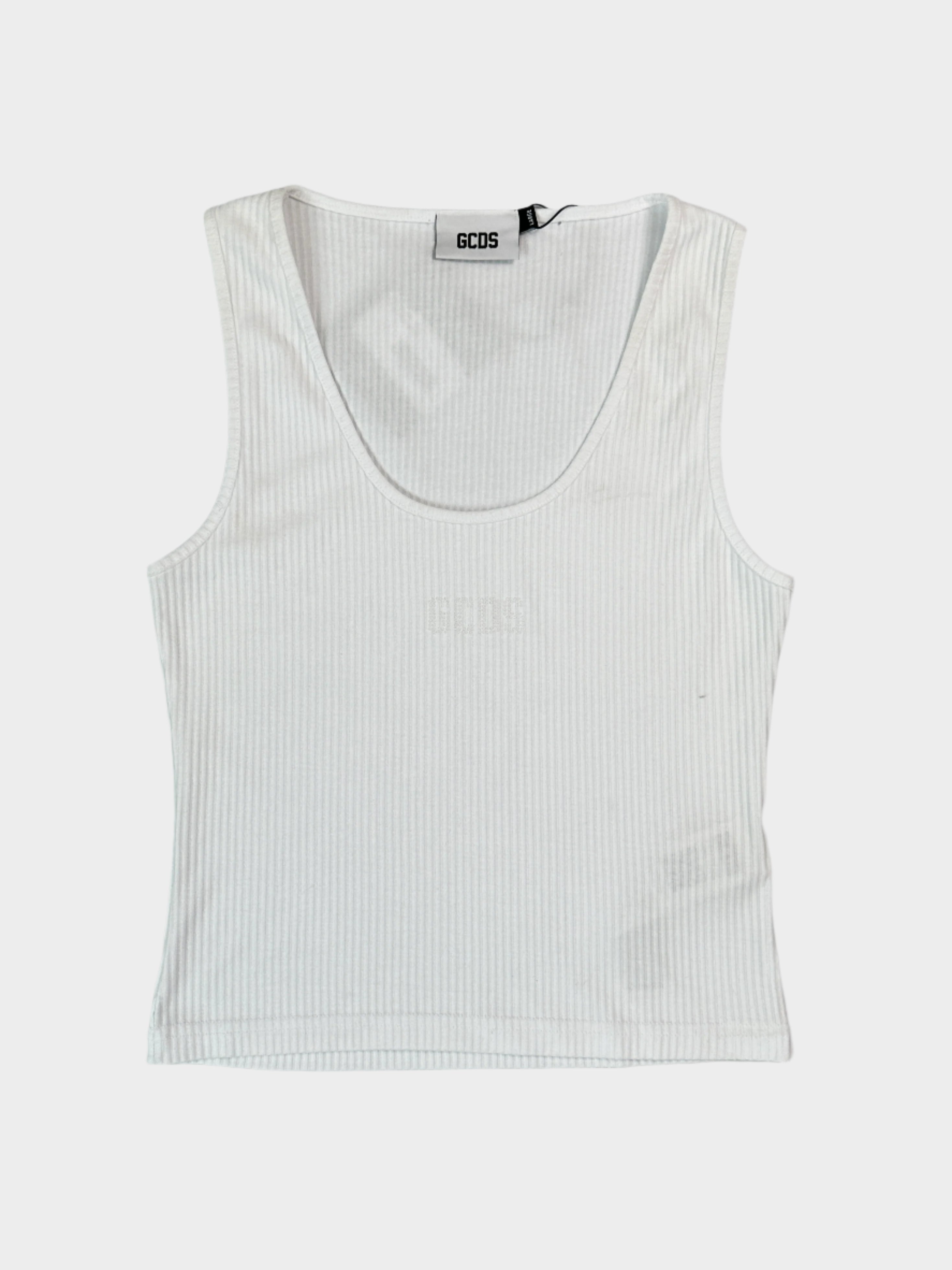 GCDS, top smanicato, logo strass, bling logo, canotta bianca, moda streetwear