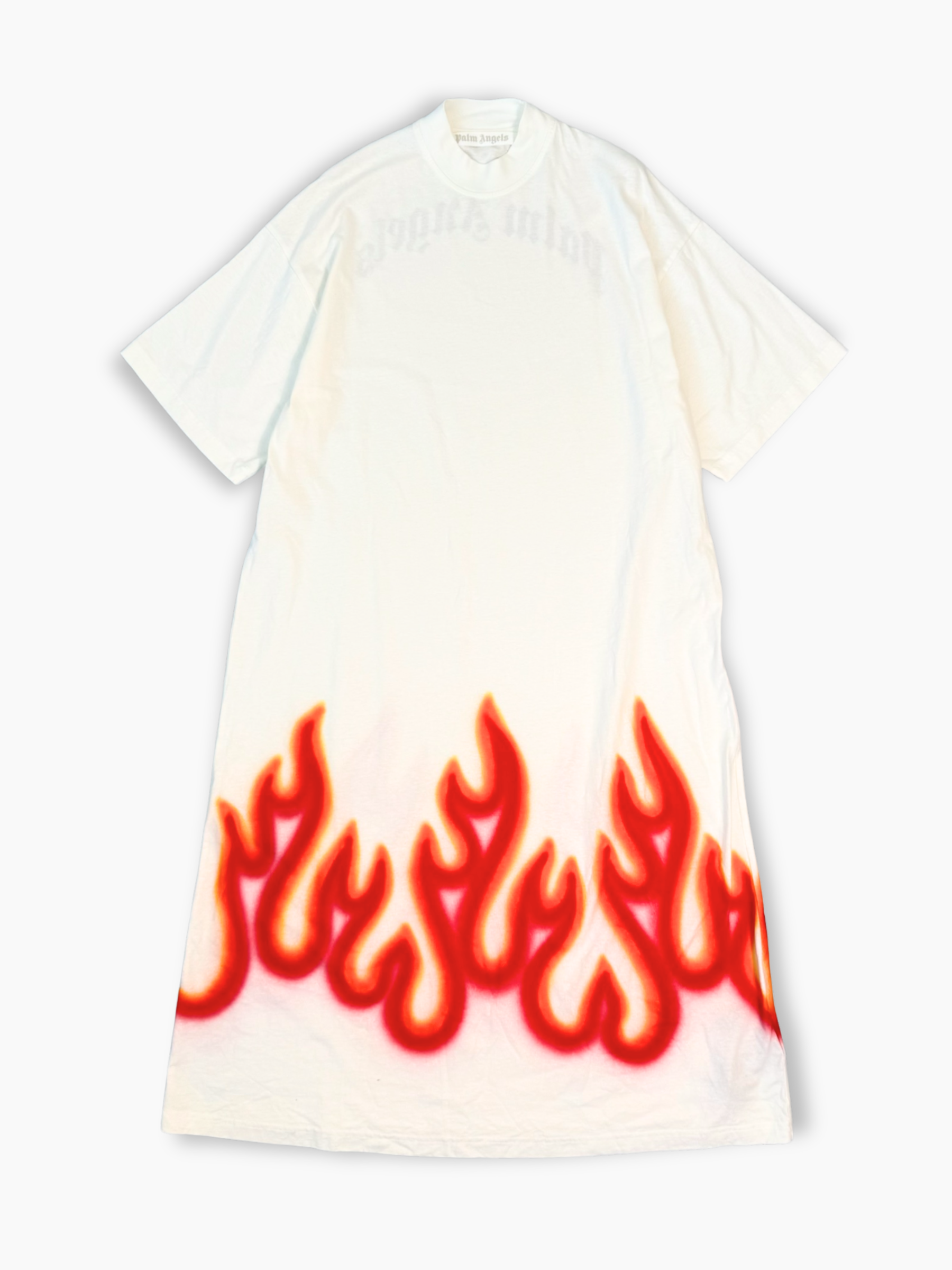 Abito lungo bianco Palm Angels con stampa fiamme rosse visto frontale
