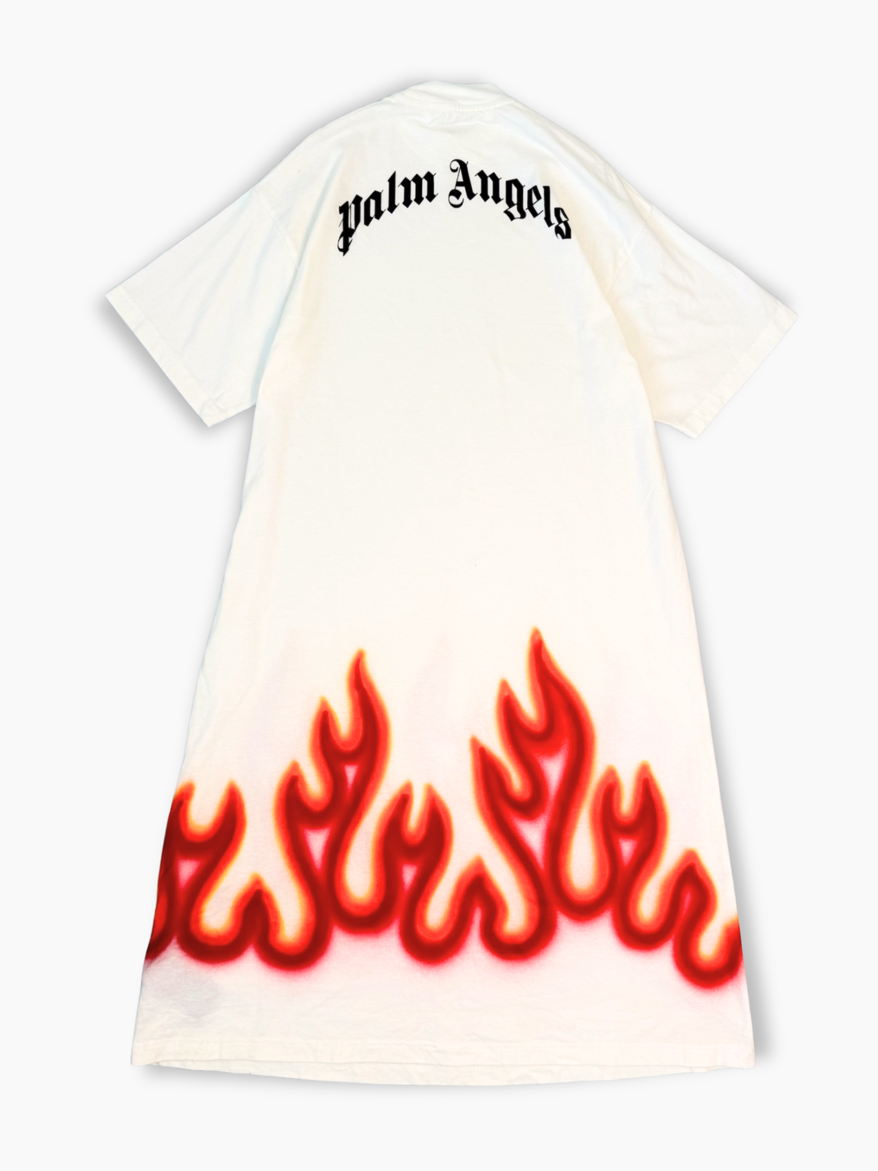 Abito lungo bianco Palm Angels con stampa fiamme rosse e logo nero sul retro