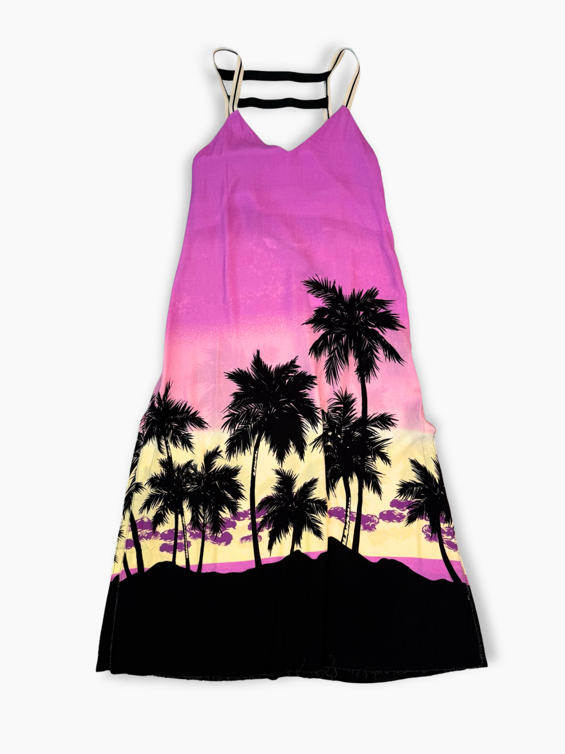 Abito midi Palm Angels con stampa tramonto rosa e palme nere, spalline sottili a contrasto