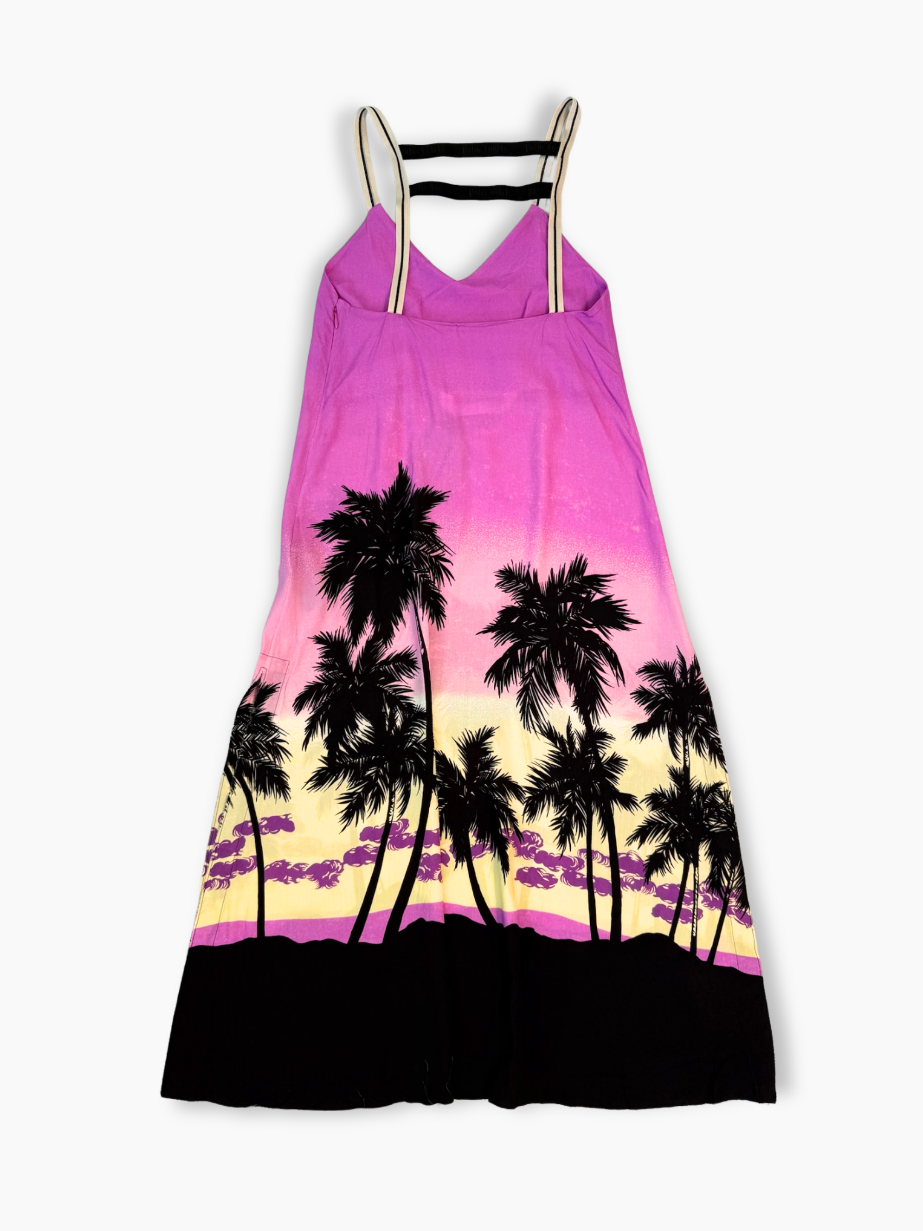 Abito midi Palm Angels con stampa tramonto rosa e palme nere, spalline sottili a contrasto