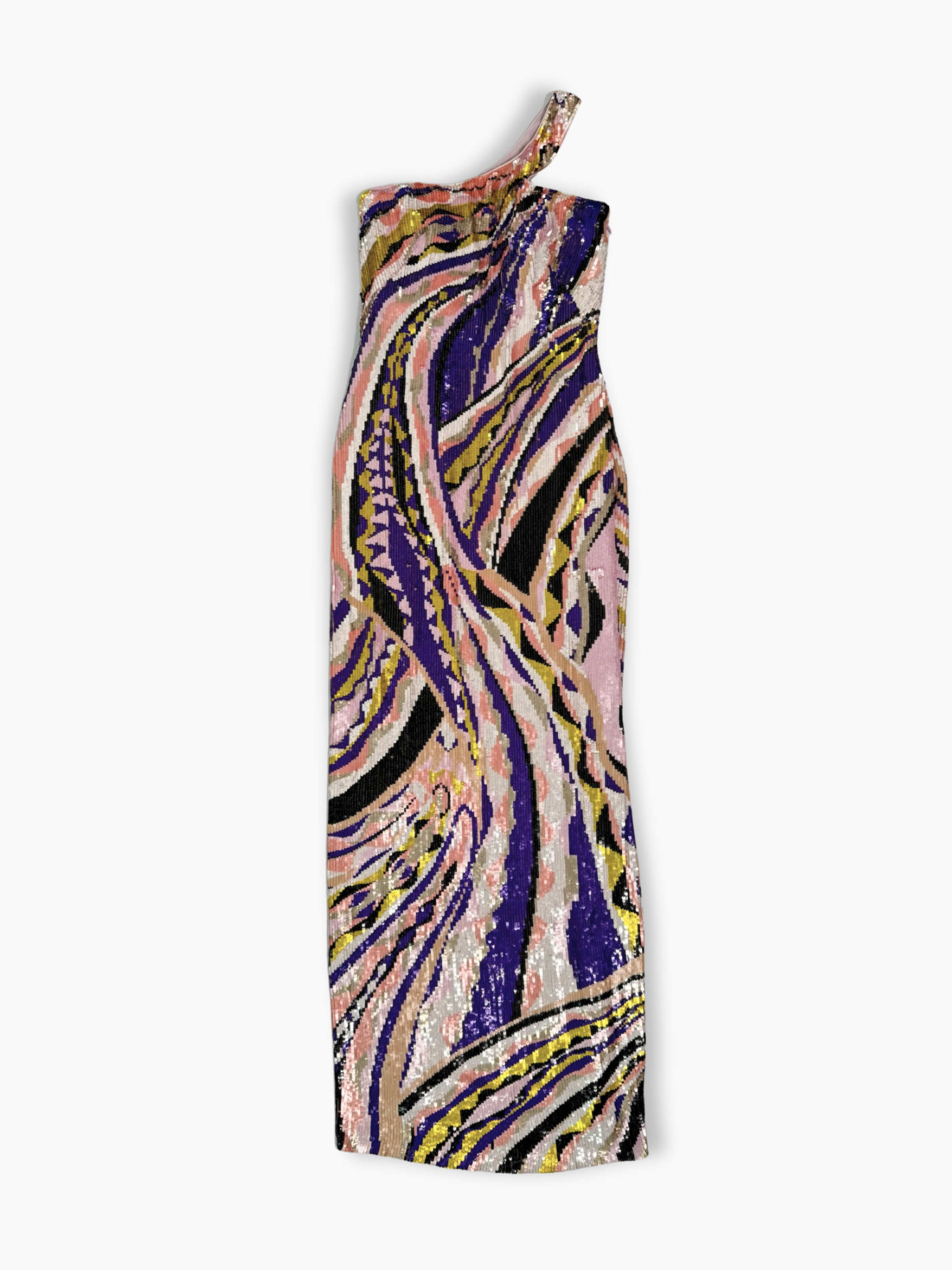 Abito lungo monospalla multicolor ricoperto di paillettes con motivo astratto elegante