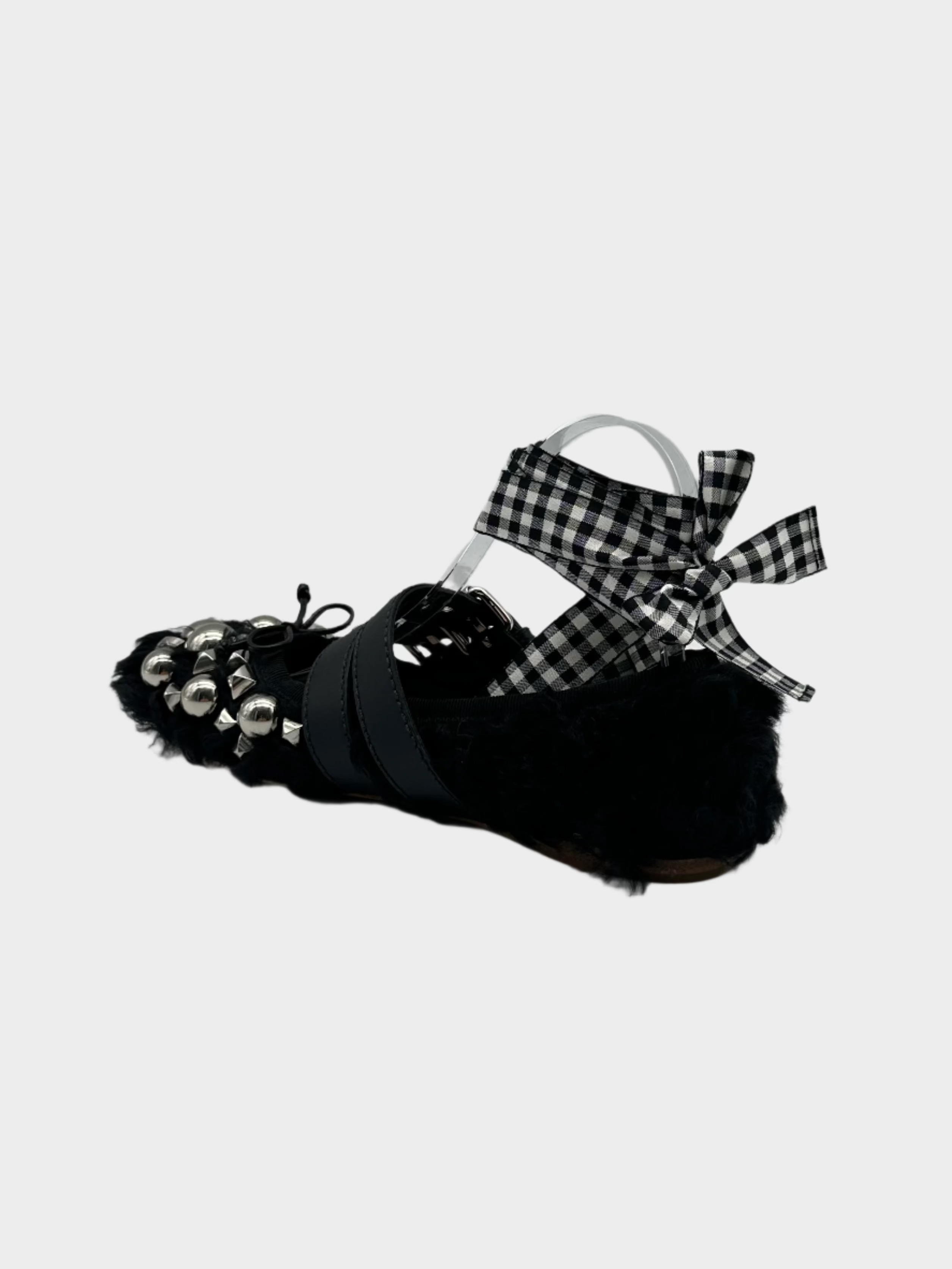 Ballerine In Eco Shearling Nero Con Borchie E Nastri