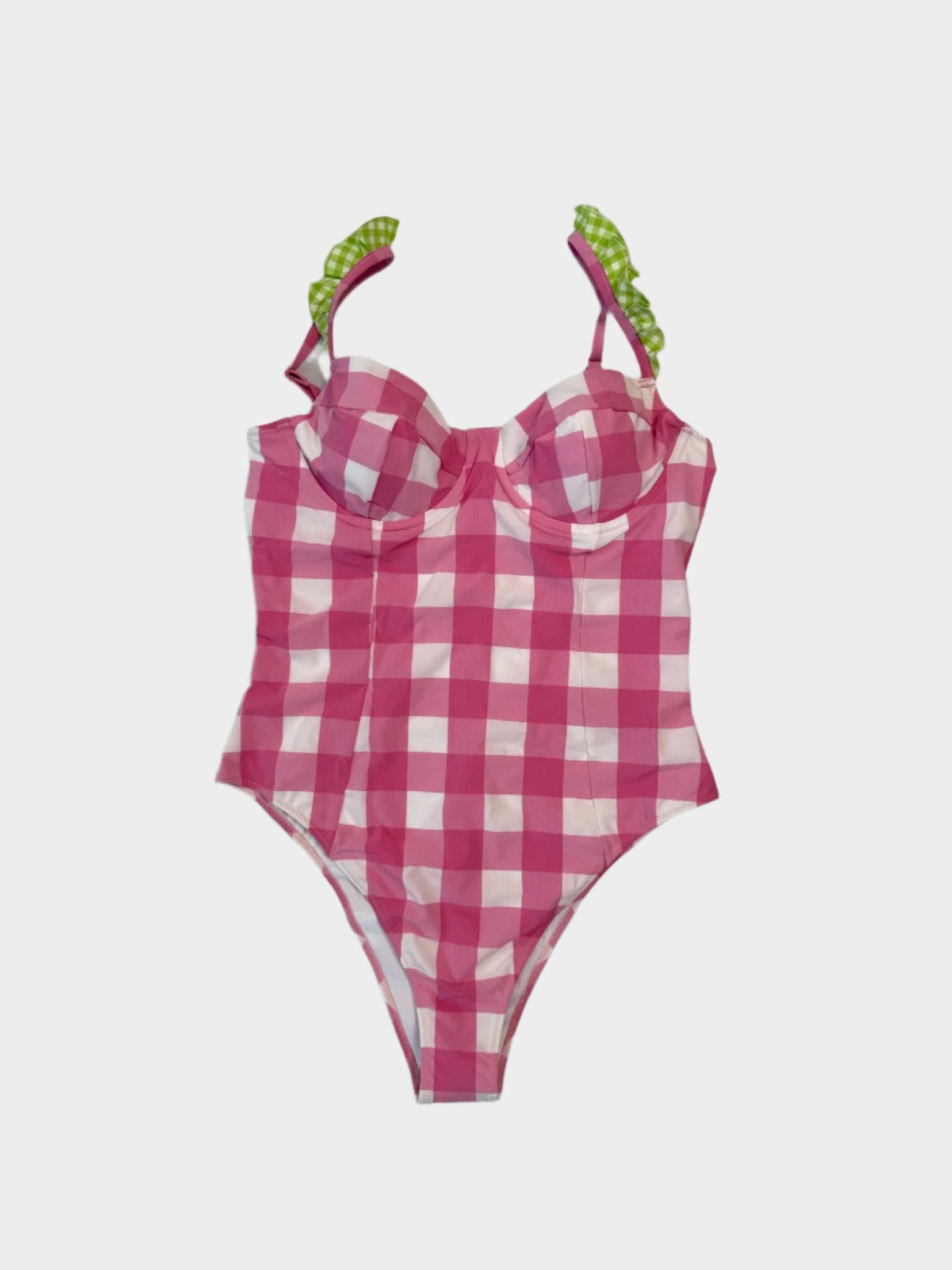 Costume intero vichy rosa con bretelle a rouches – fronte