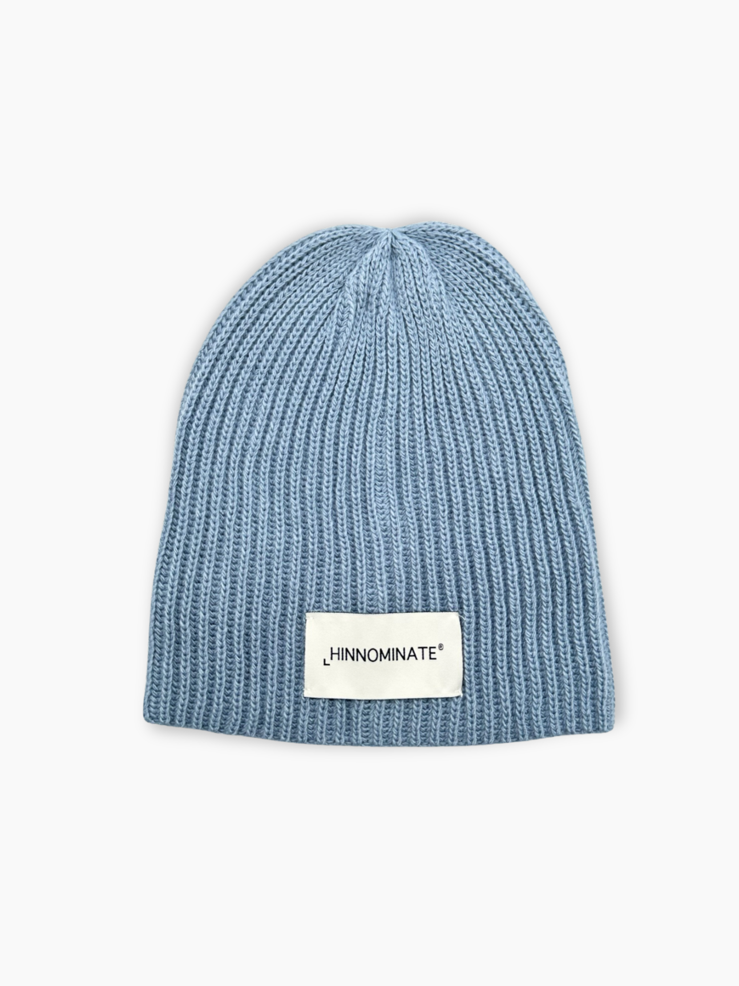 Berretto azzurro Hinnominate in maglia a coste con etichetta logo cucita sul davanti