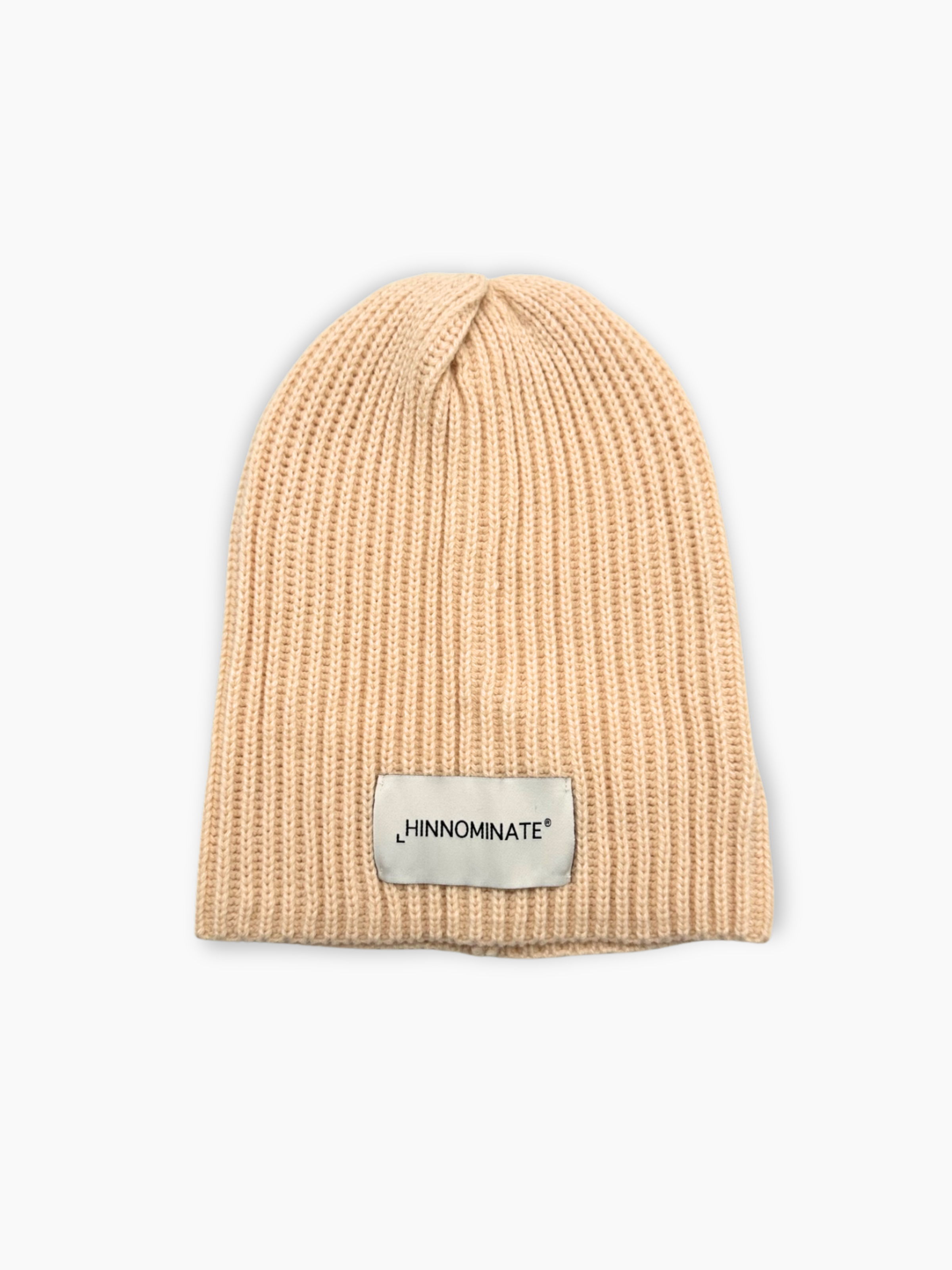 Berretto beige Hinnominate in maglia a coste con etichetta logo cucita sul davanti